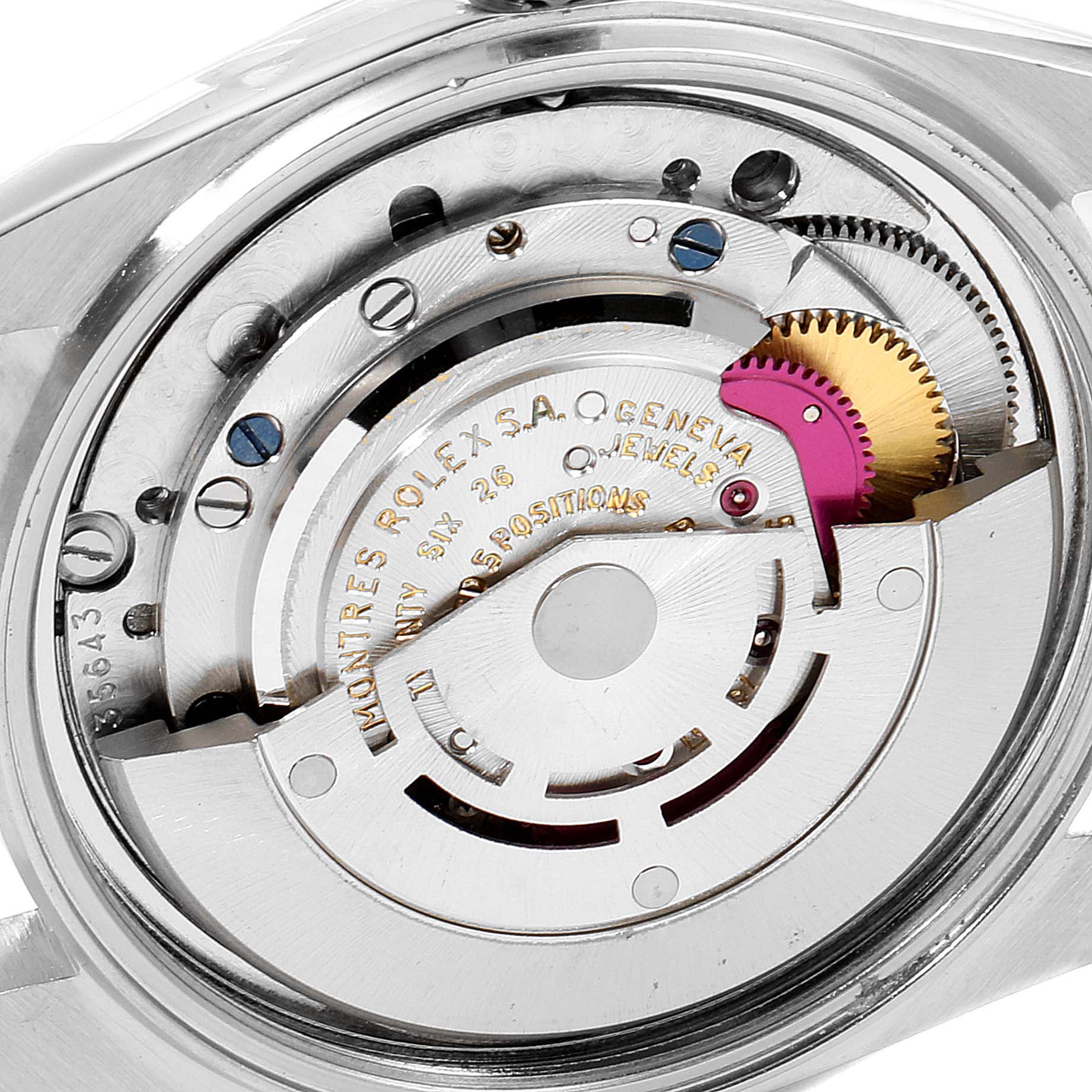This image shows the back view of the Rolex Vintage Collection 1601 Men's Stainless Steel Silver Dial 1601 Men's Stainless Steel Silver Dial watch, highlighting its internal movement components.