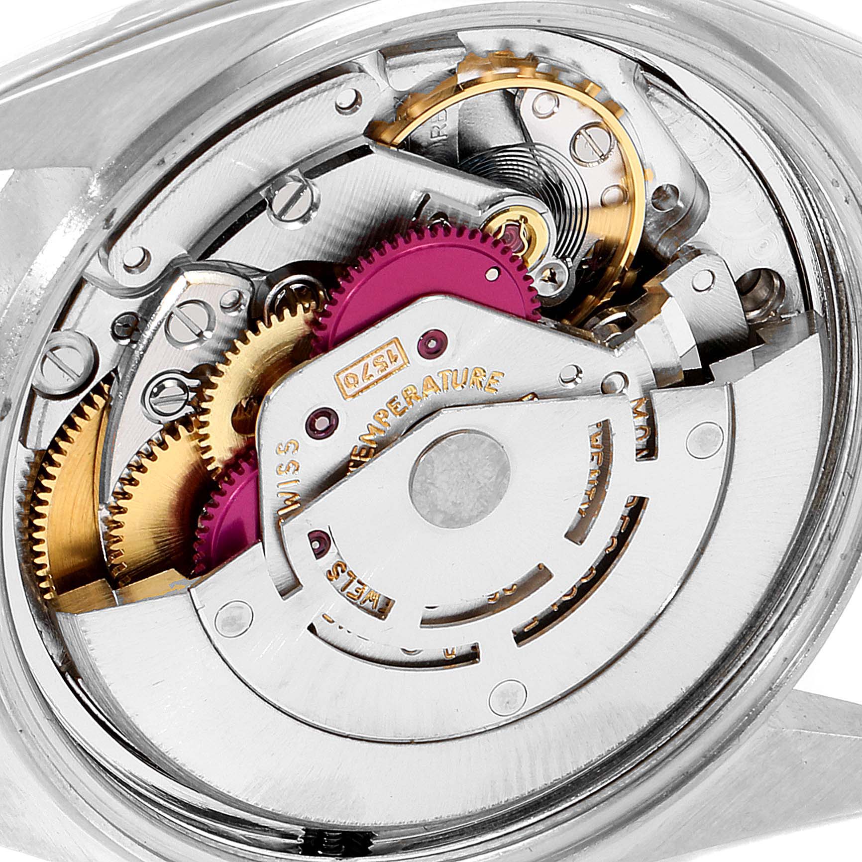 This image shows a close-up view of the inner mechanical movement of a Rolex Vintage Collection 1601 Men's Stainless Steel Silver Dial 1601 Men's Stainless Steel Silver Dial watch.