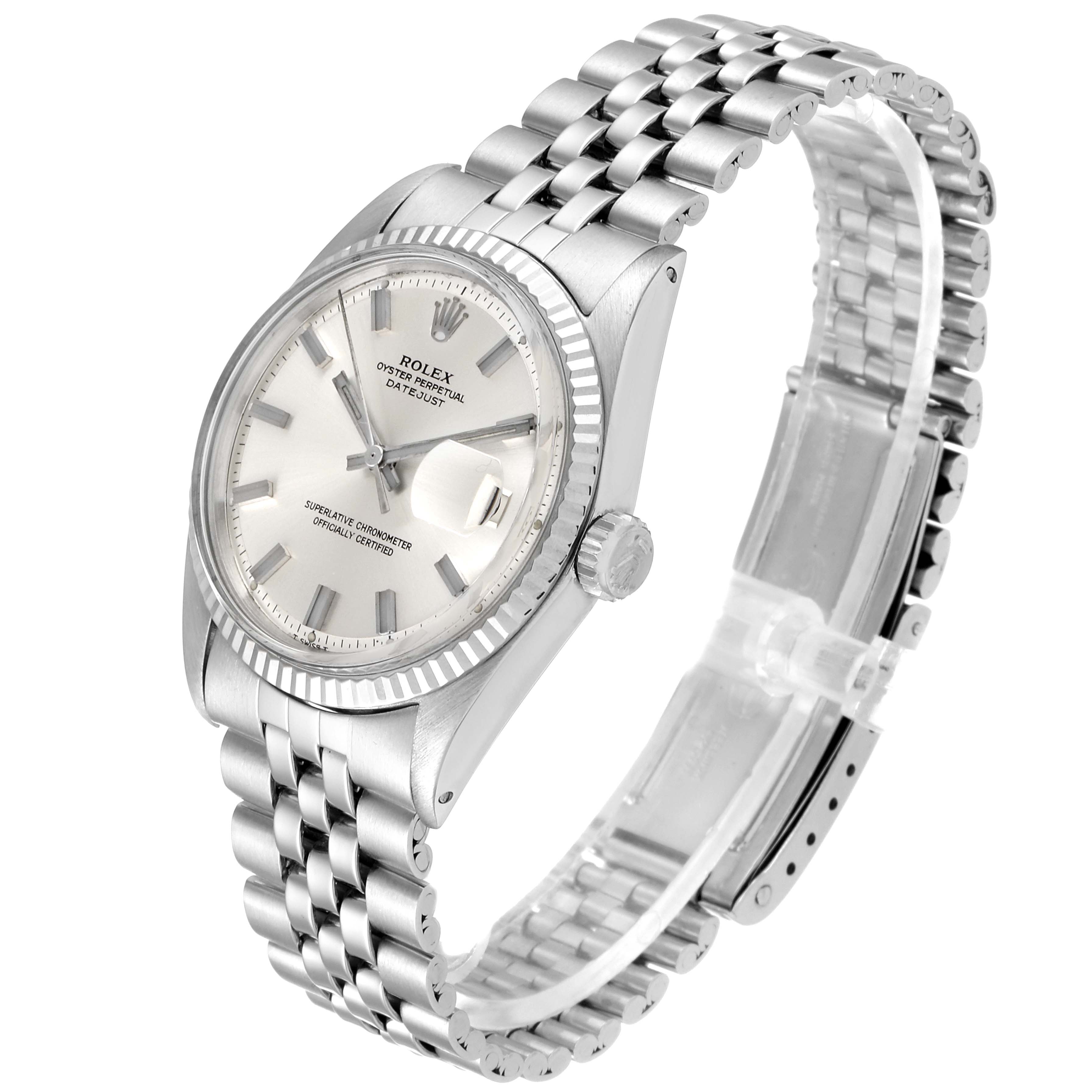 The image shows a Rolex Vintage Collection 1601 Men's Stainless Steel Silver Dial 1601 Men's Stainless Steel Silver Dial watch at a side angle, highlighting the dial, bezel, crown, and bracelet.