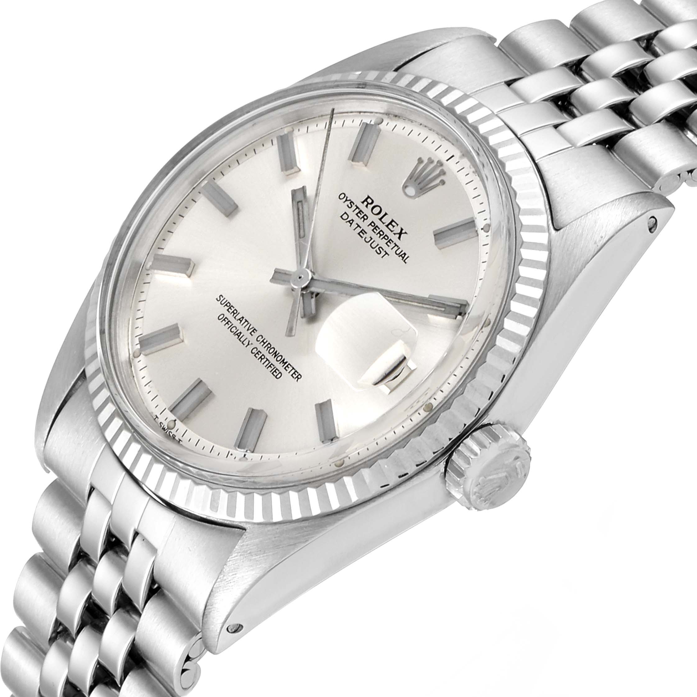 This image features a Vintage Collection Rolex Datejust watch angled slightly from above, showing the dial, bezel, bracelet, and crown.