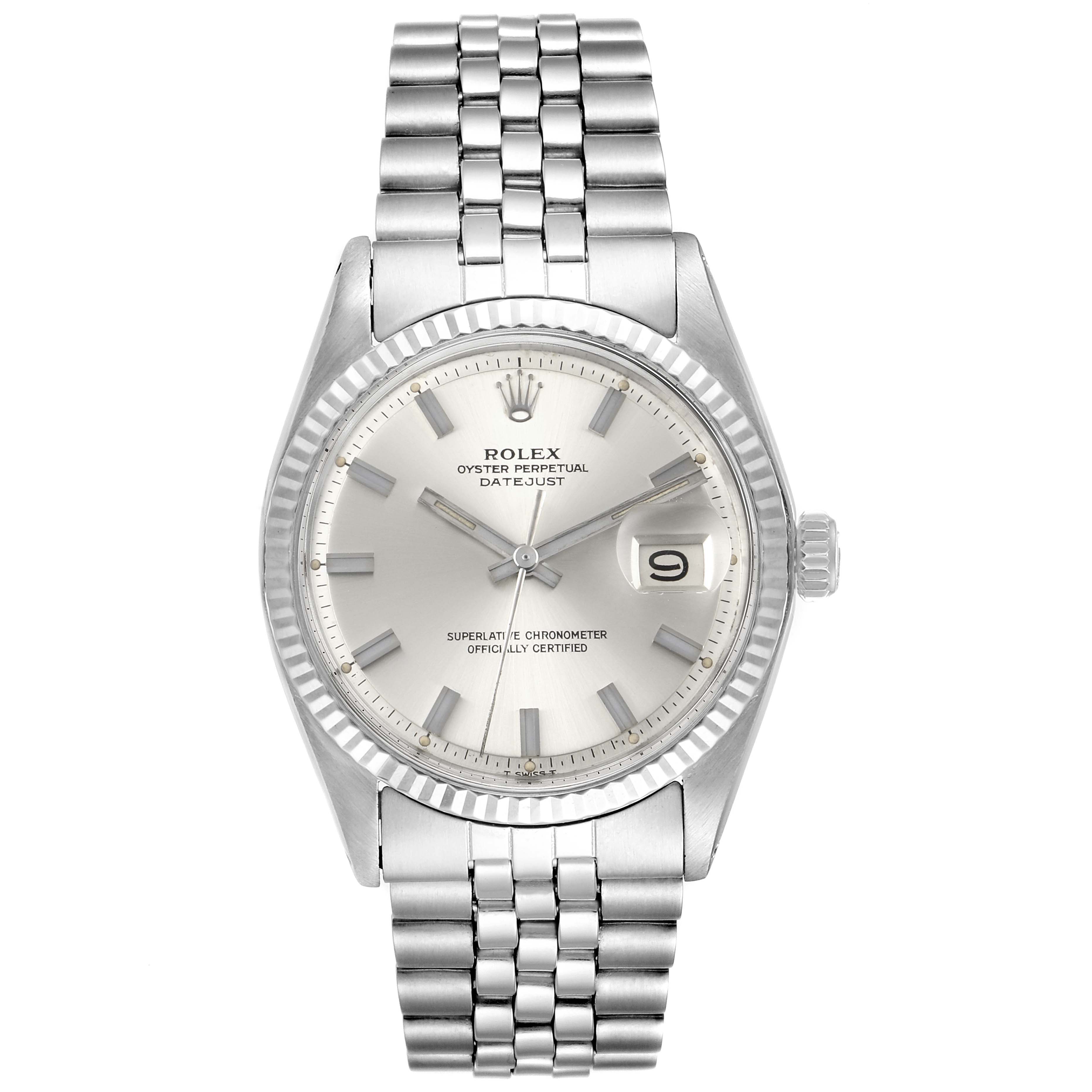 The image shows a front view of the Rolex Vintage Collection 1601 Men's Stainless Steel Silver Dial 1601 Men's Stainless Steel Silver Dial Datejust watch, displaying its face and bracelet.