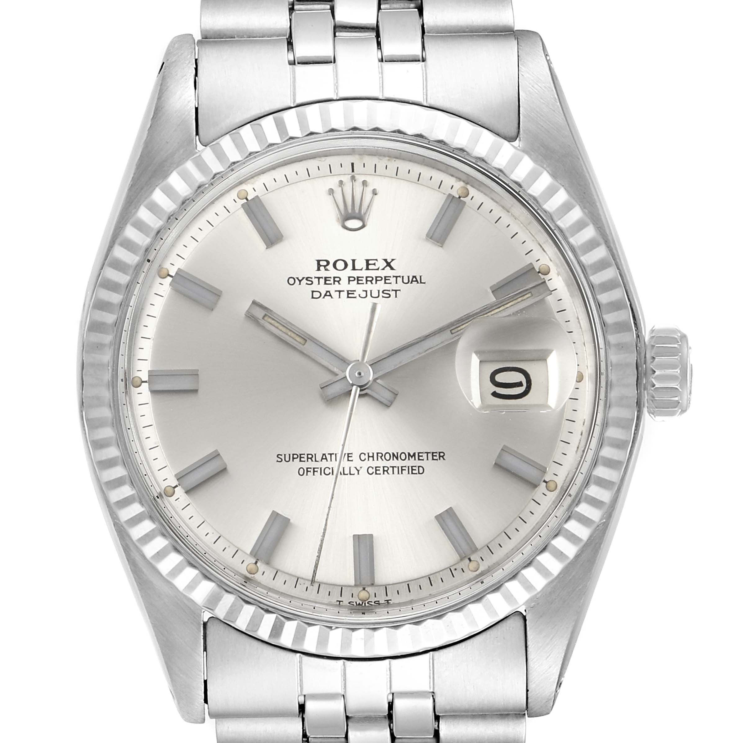 The image shows a front view of a Vintage Collection Rolex Oyster Perpetual Datejust watch, displaying the dial, hands, crown, and bracelet.