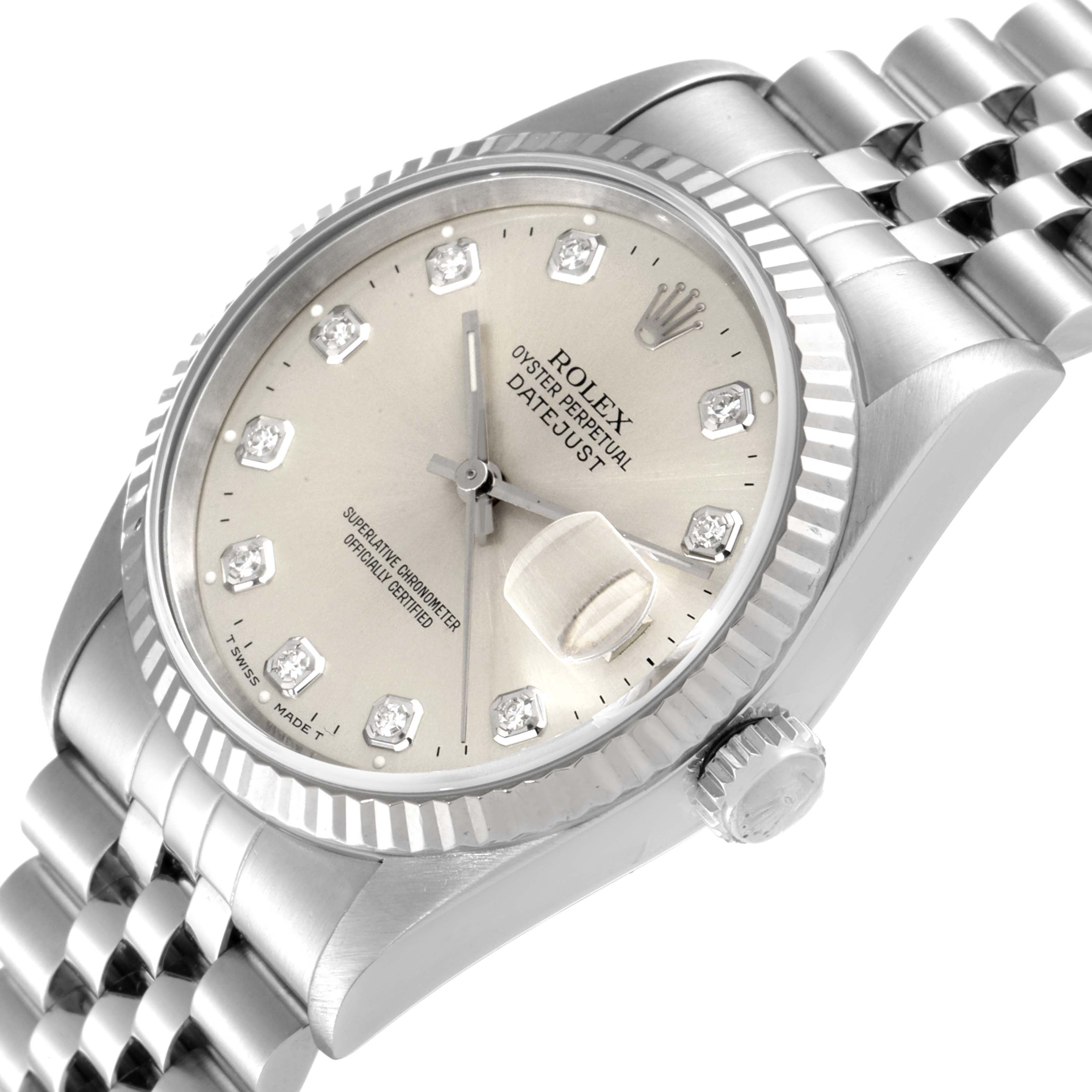 The image shows a Rolex Datejust 16234 Men's Stainless Steel Silver Dial 16234 Men's Stainless Steel Silver Dial watch from an angled top view, highlighting the dial, bezel, crown, and part of the bracelet.