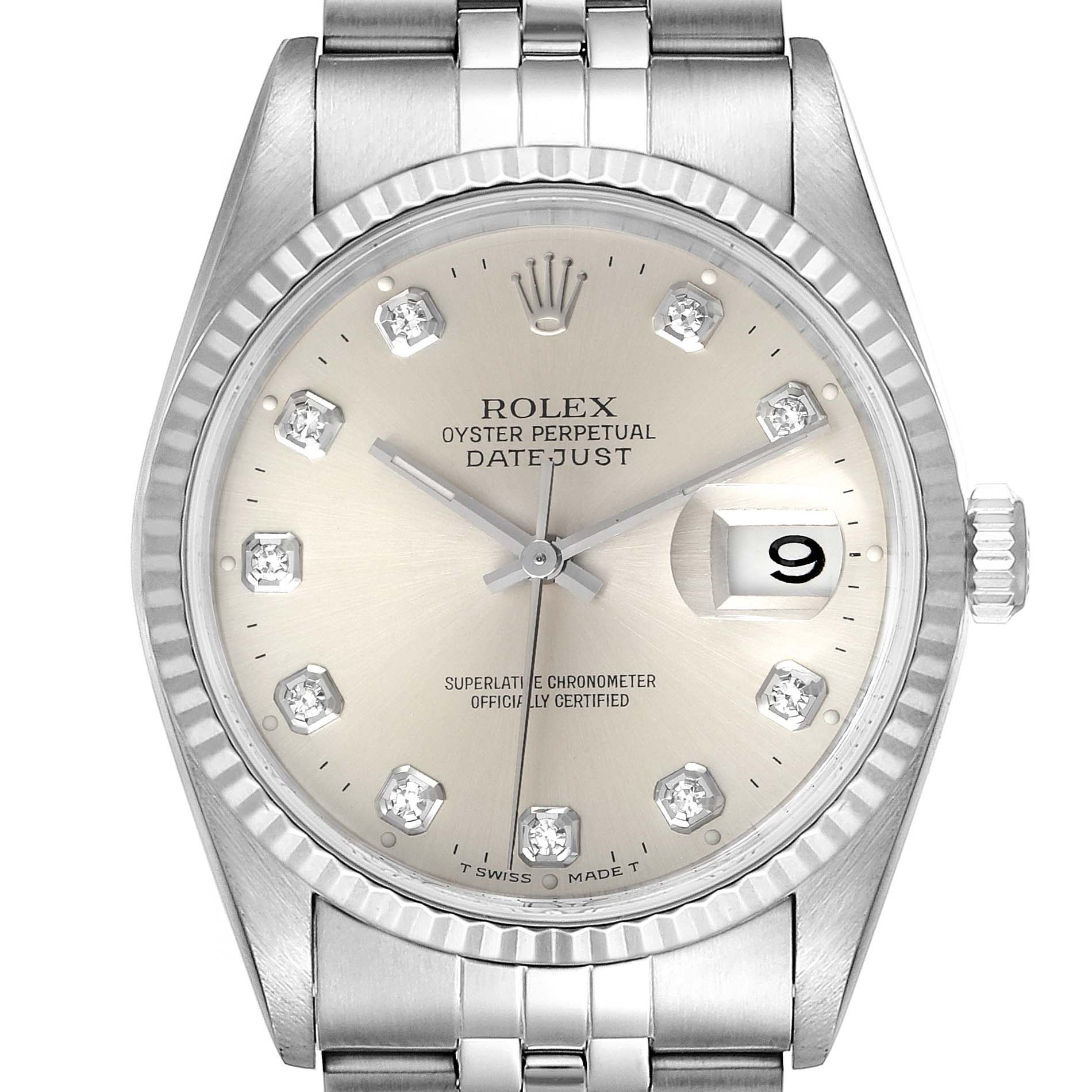 The image shows a close-up front view of the Rolex Datejust 16234 Men's Stainless Steel Silver Dial 16234 Men's Stainless Steel Silver Dial watch, highlighting the dial, hands, markers, and date window.