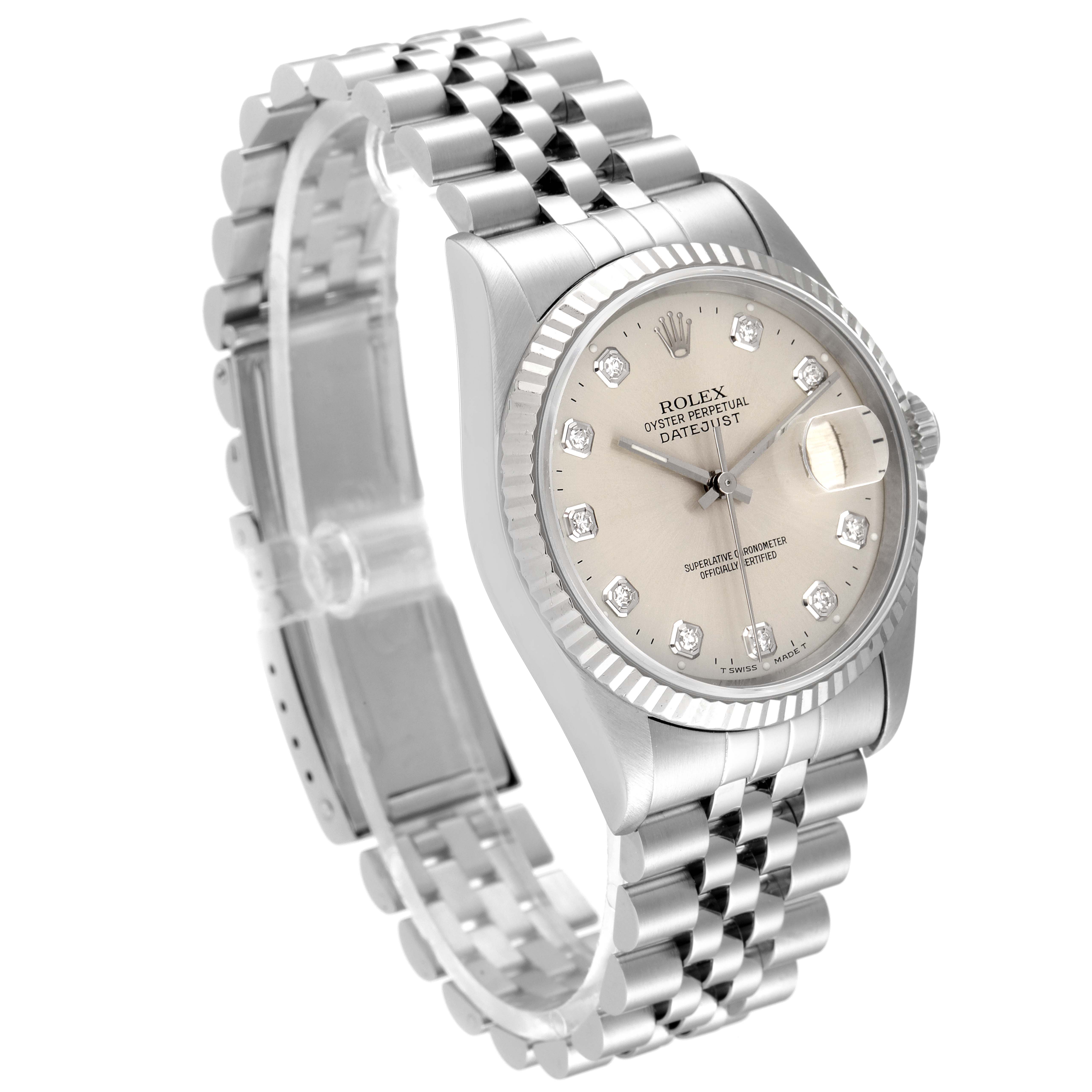 The image shows a side angle of a Rolex Datejust 16234 Men's Stainless Steel Silver Dial 16234 Men's Stainless Steel Silver Dial watch, highlighting its dial, bezel, crown, and bracelet.