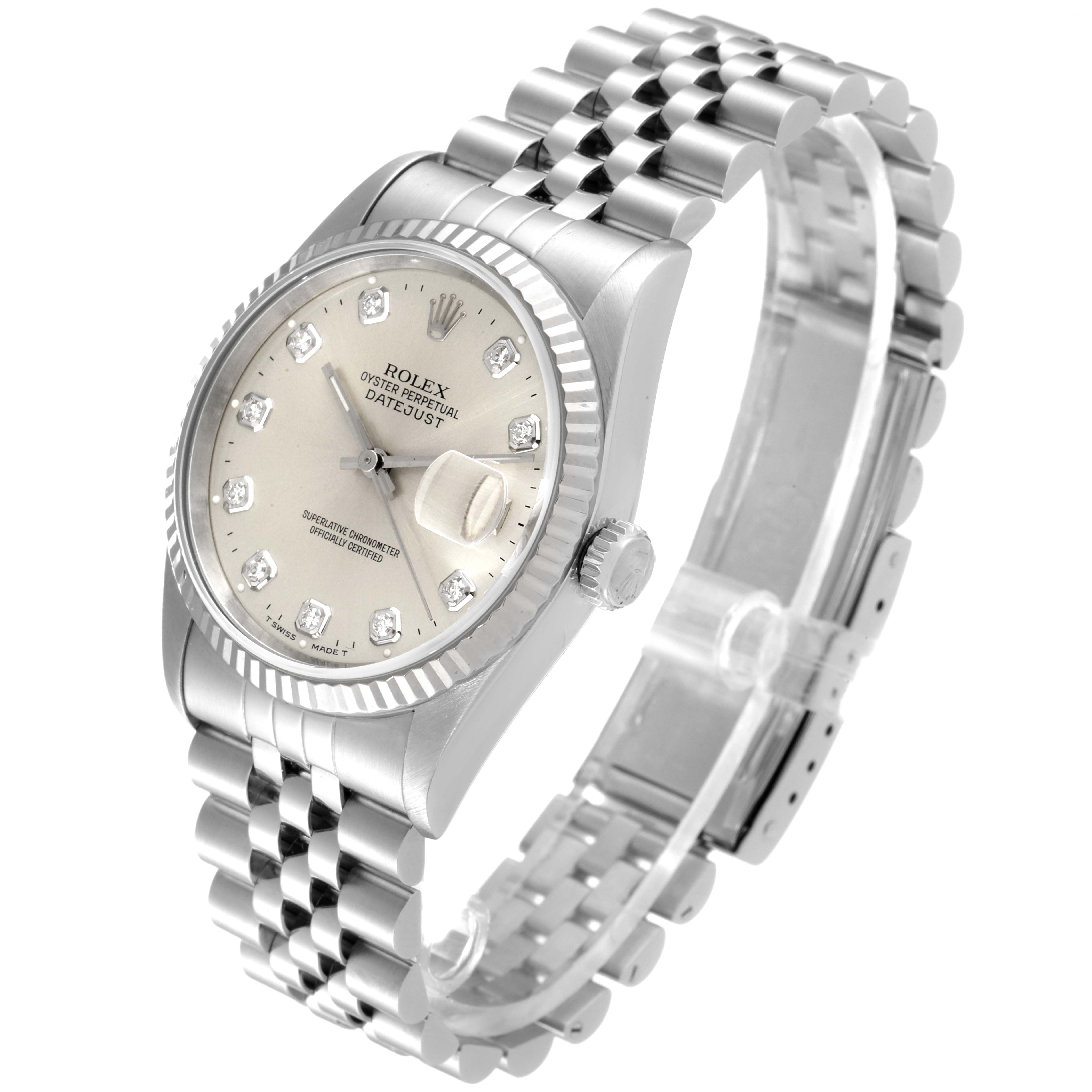 The image shows a side angle of a Rolex Datejust 16234 Men's Stainless Steel Silver Dial 16234 Men's Stainless Steel Silver Dial watch, highlighting its bracelet, dial, and crown.