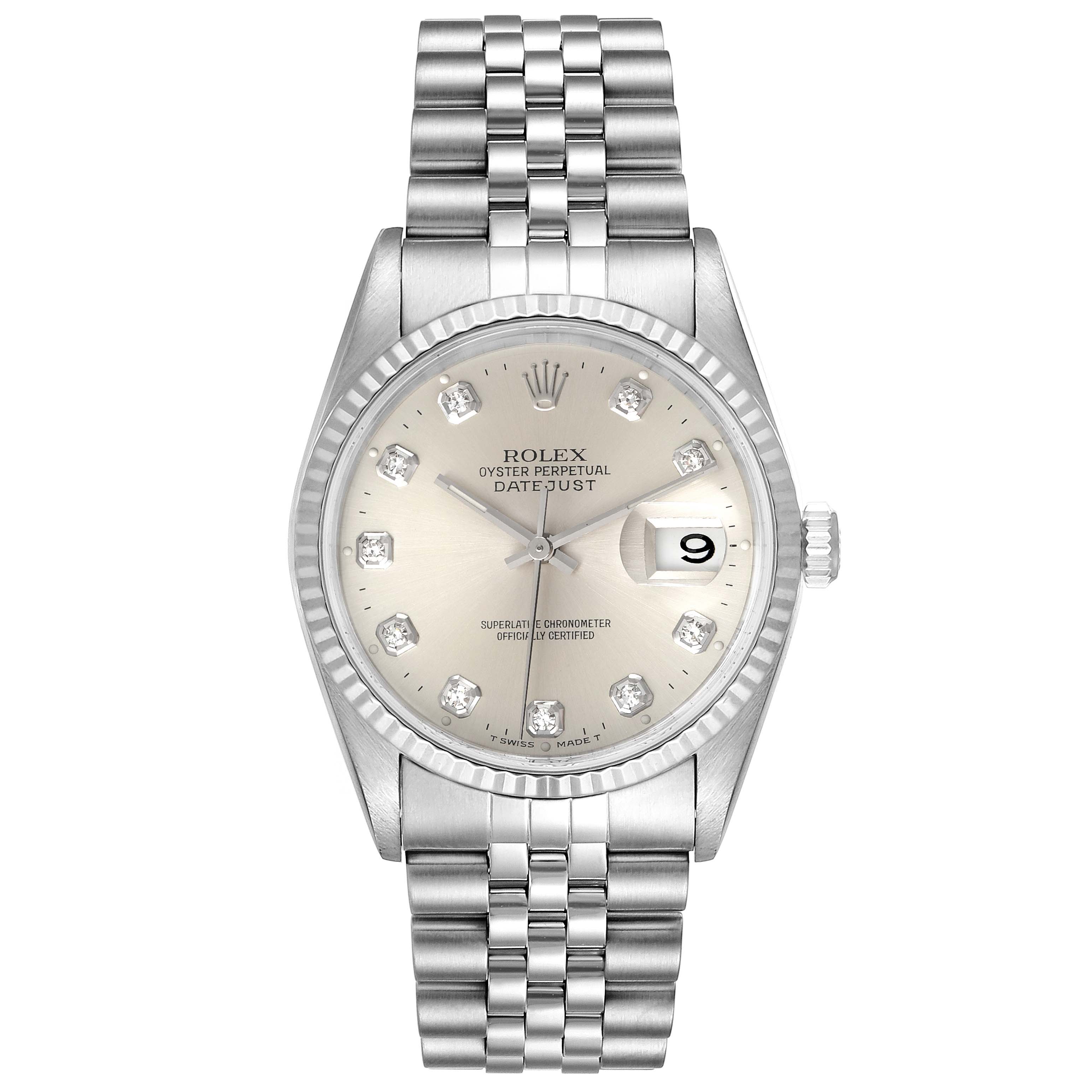 The image shows a front view of the Rolex Datejust 16234 Men's Stainless Steel Silver Dial 16234 Men's Stainless Steel Silver Dial watch, displaying its dial, bezel, and bracelet.