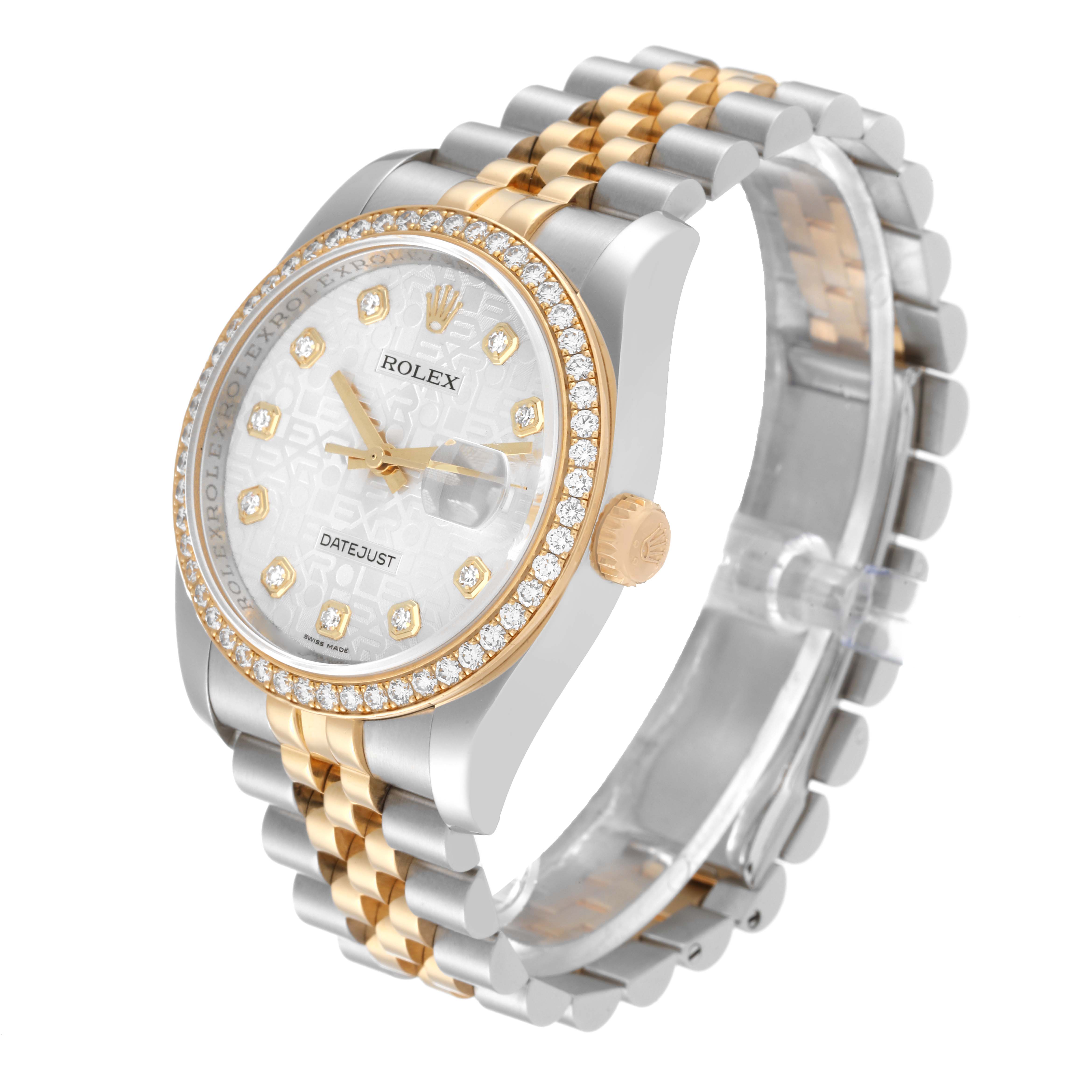 The Rolex Datejust 116243 Men's Steel and Gold (two tone) Silver Dial 116243 Men's Steel and Gold (two tone) Silver Dial watch is shown at a three-quarter view, highlighting its dial, bezel, and bracelet.