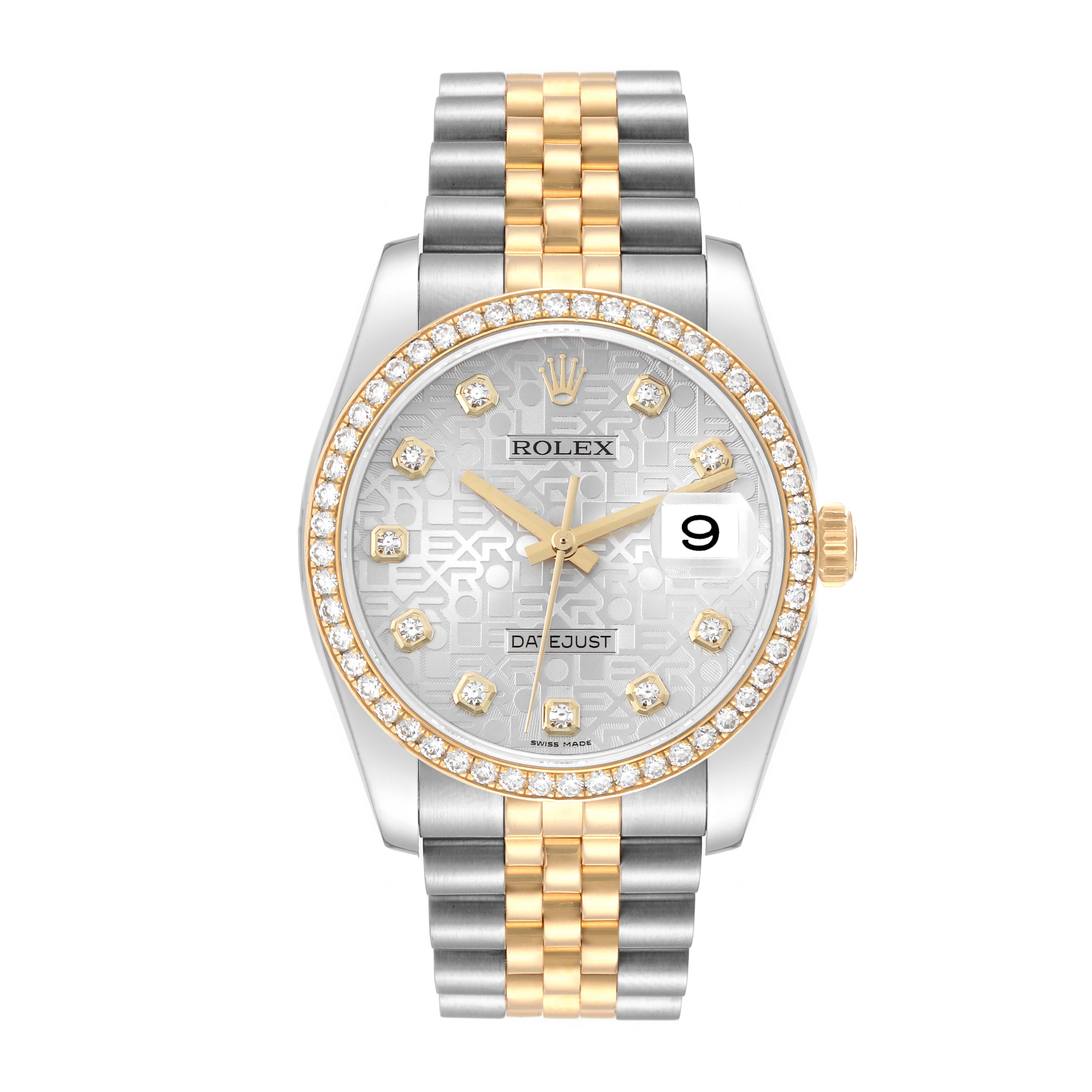 This image shows a front view of the Rolex Datejust 116243 Men's Steel and Gold (two tone) Silver Dial 116243 Men's Steel and Gold (two tone) Silver Dial watch, featuring a two-tone band and a diamond-studded bezel.