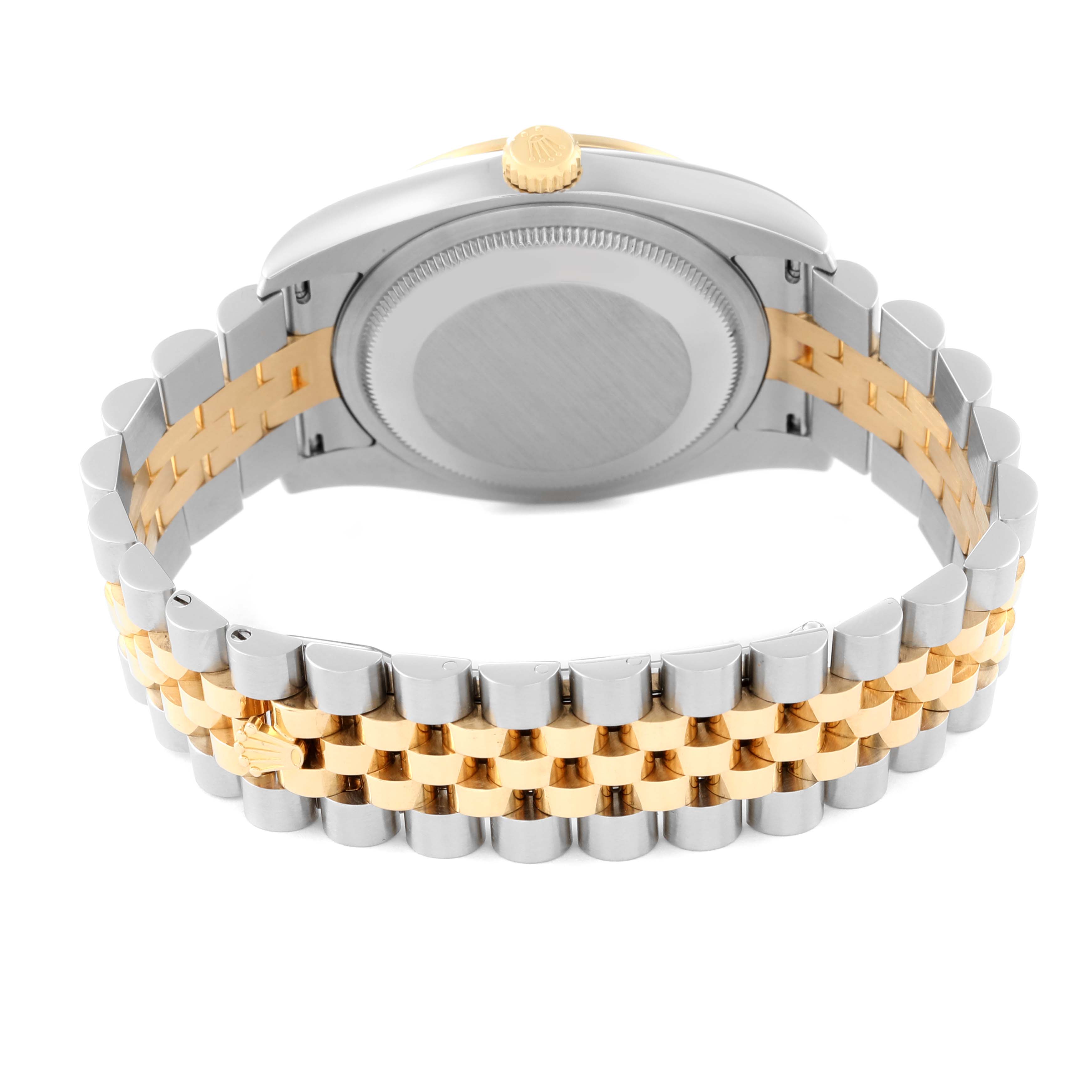 This image shows the Rolex Datejust 116243 Men's Steel and Gold (two tone) Silver Dial 116243 Men's Steel and Gold (two tone) Silver Dial watch from the back, highlighting the case back and the two-tone Jubilee bracelet.