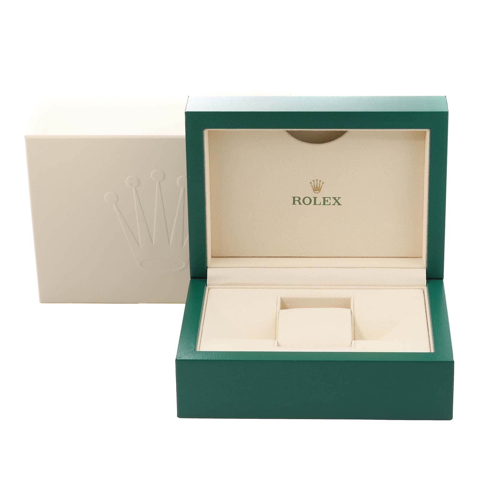 The image shows an open green and beige Rolex Datejust 116243 Men's Steel and Gold (two tone) Silver Dial 116243 Men's Steel and Gold (two tone) Silver Dial box with the Rolex logo on the inside.