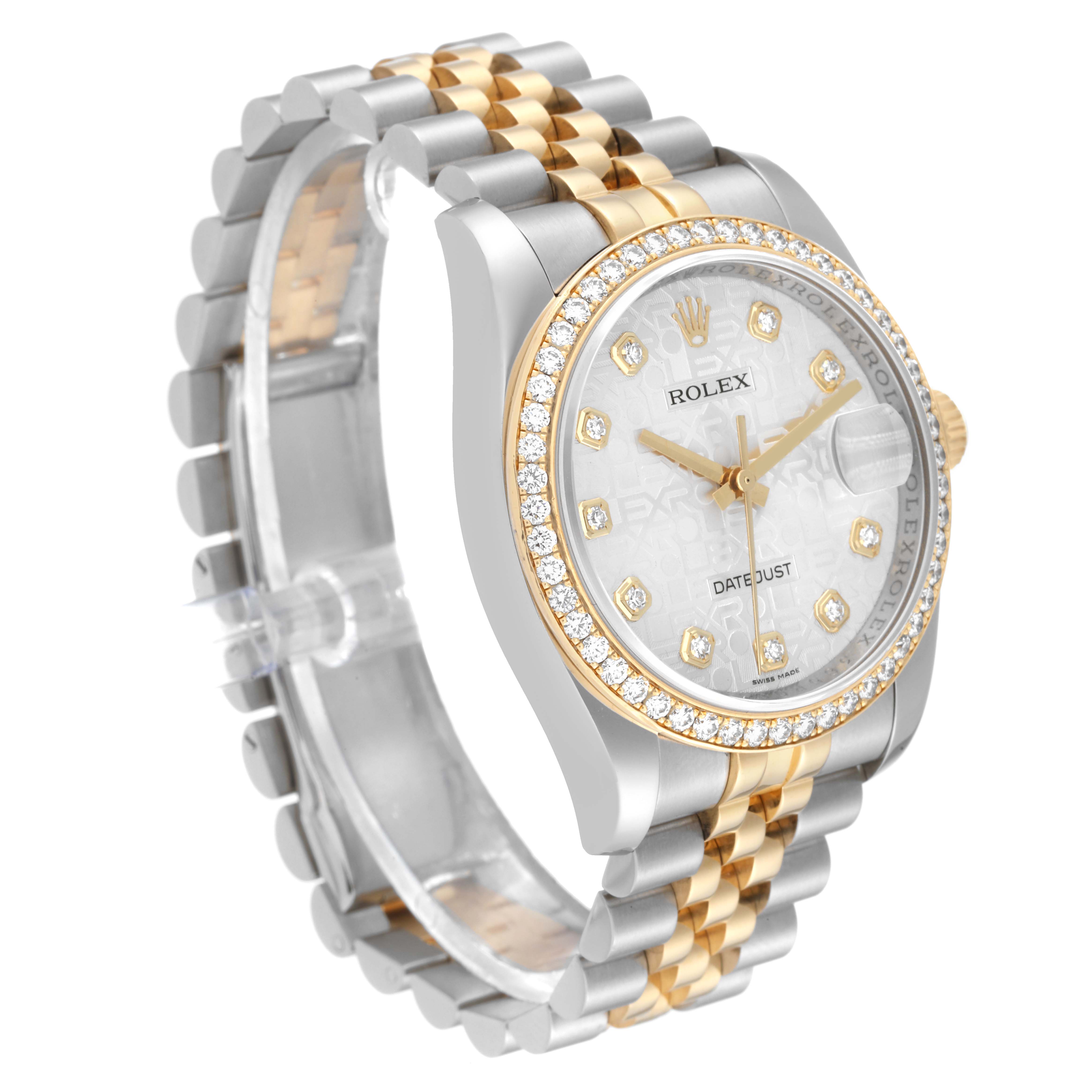 The Rolex Datejust 116243 Men's Steel and Gold (two tone) Silver Dial 116243 Men's Steel and Gold (two tone) Silver Dial watch is shown at a three-quarter angle, highlighting its face, bezel, and part of its bracelet.