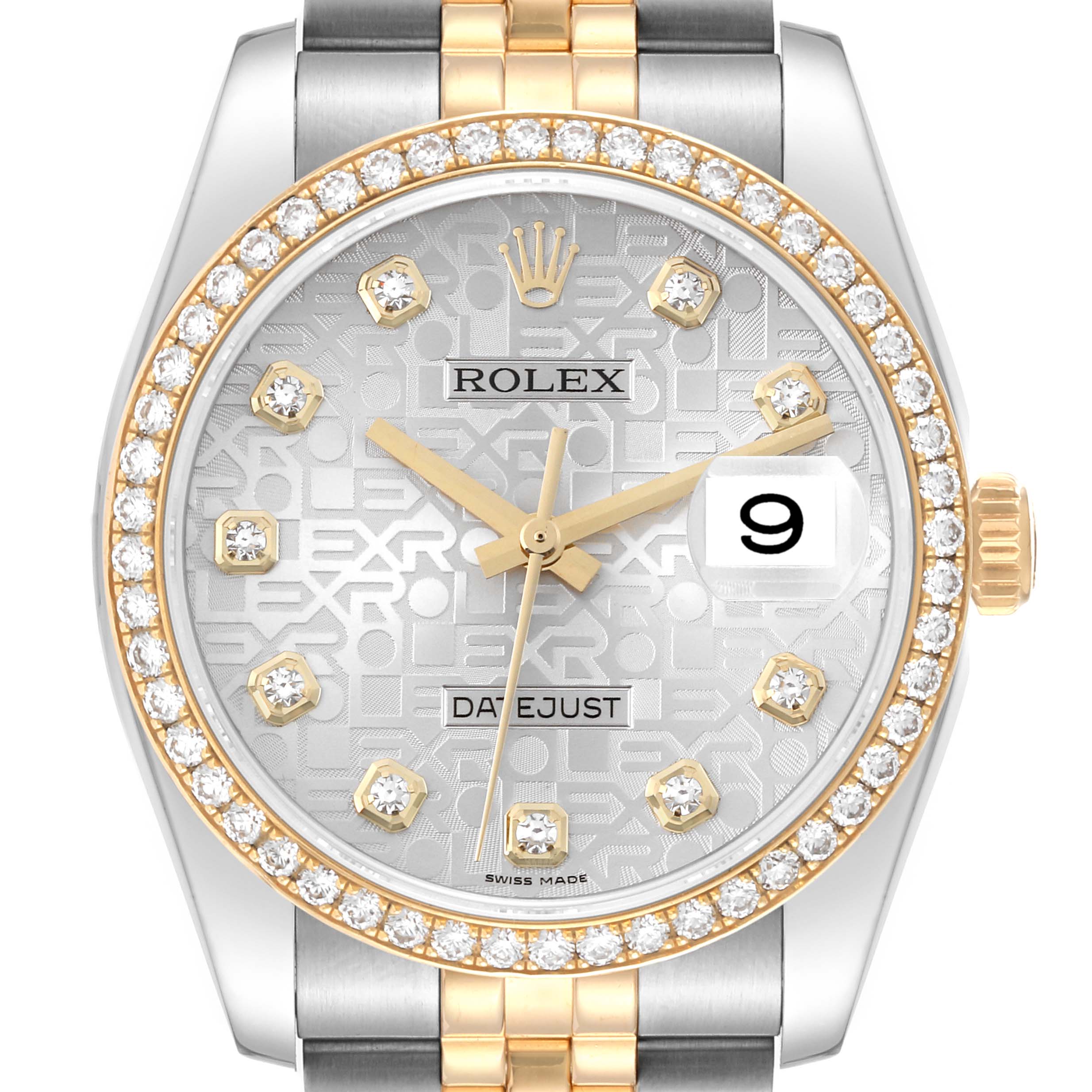 The image shows a close-up frontal view of a Rolex Datejust 116243 Men's Steel and Gold (two tone) Silver Dial 116243 Men's Steel and Gold (two tone) Silver Dial watch, highlighting its dial, diamond bezel, and two-tone bracelet.