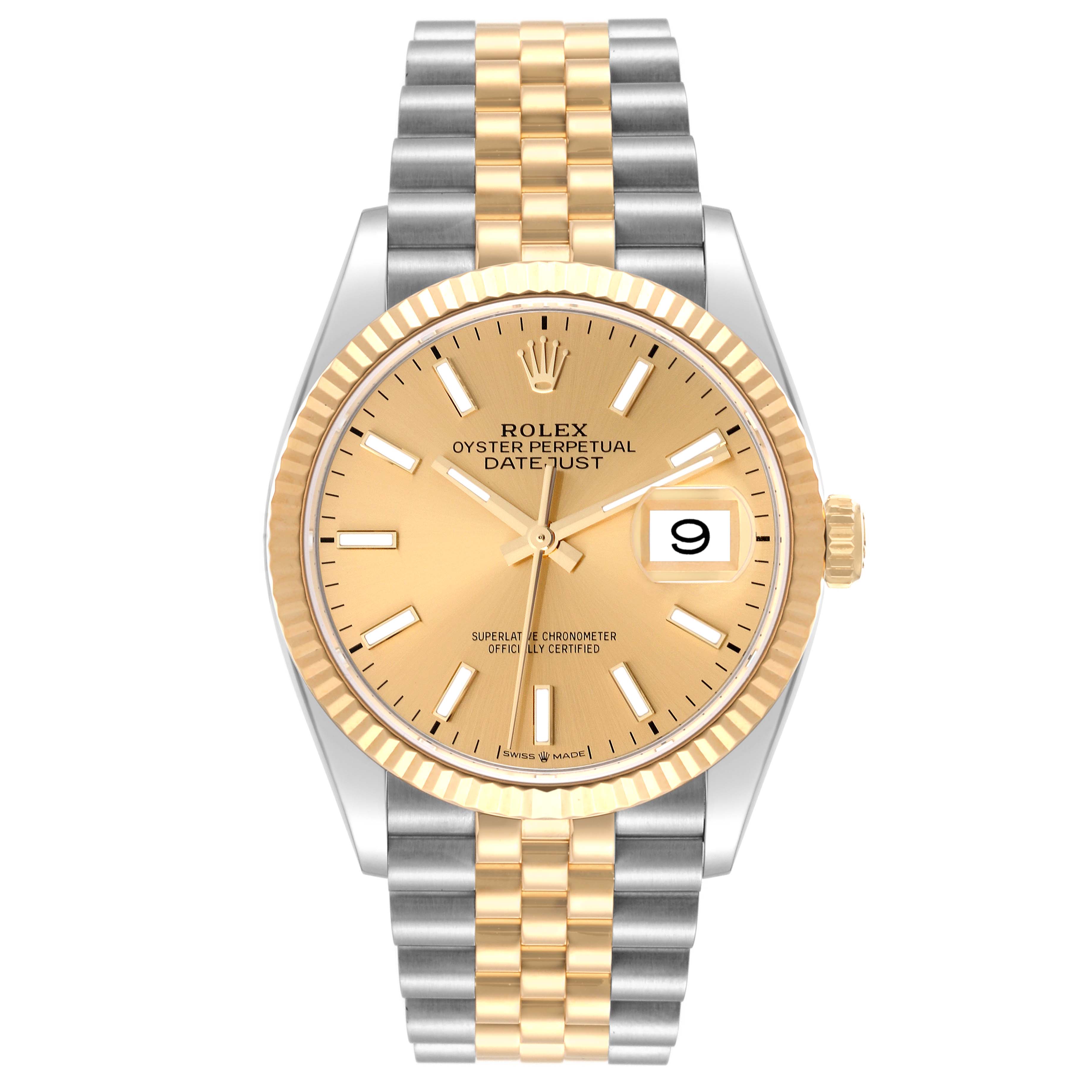 The image shows a front view of a Rolex Datejust 126233 Men's Steel and Gold (two tone) Champagne Dial 126233 Men's Steel and Gold (two tone) Champagne Dial watch, highlighting the dial, bracelet, and date window at 3 o'clock.