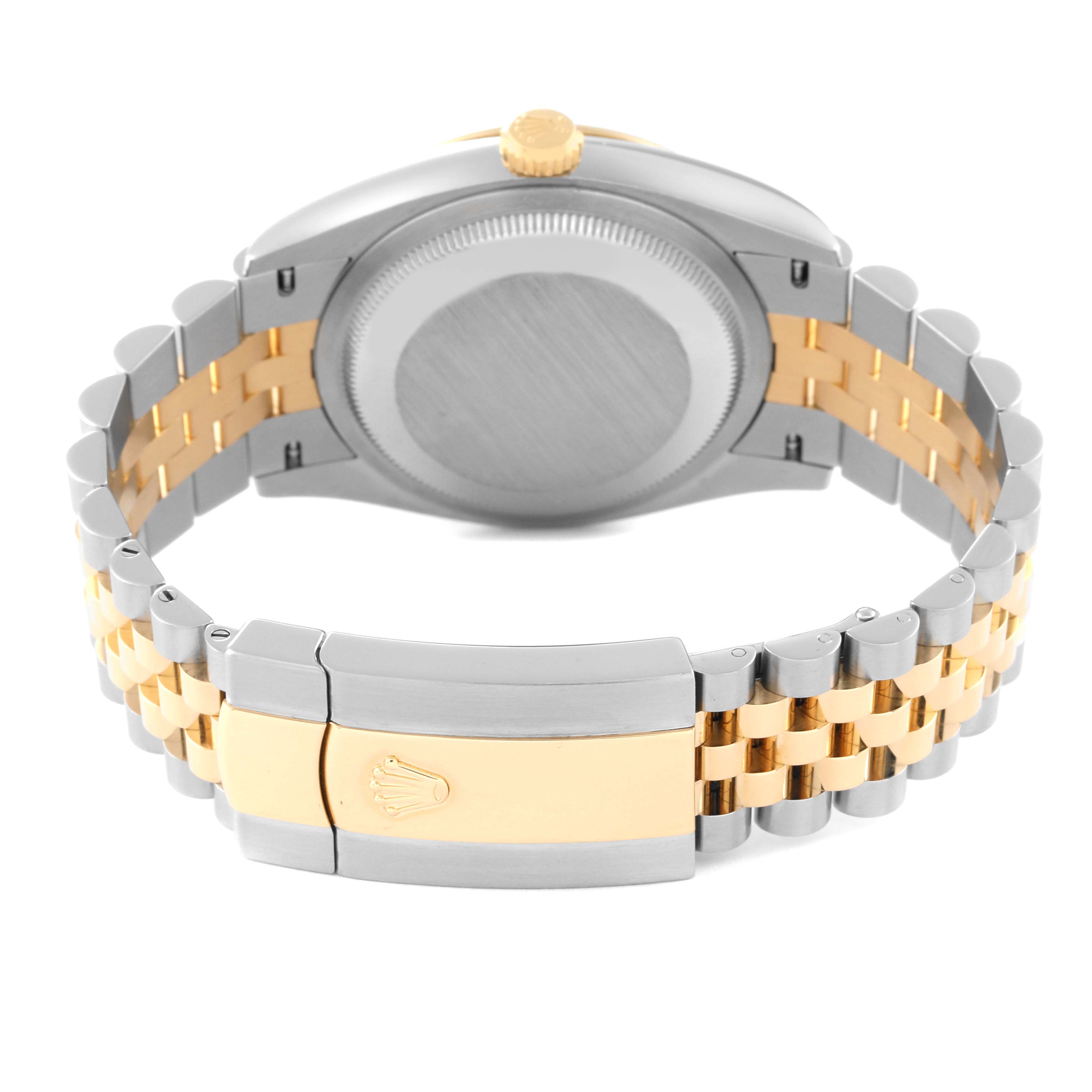 This image shows the back view of a Rolex Datejust 126233 Men's Steel and Gold (two tone) Champagne Dial 126233 Men's Steel and Gold (two tone) Champagne Dial watch, highlighting the case back, crown, and two-tone bracelet with clasp.
