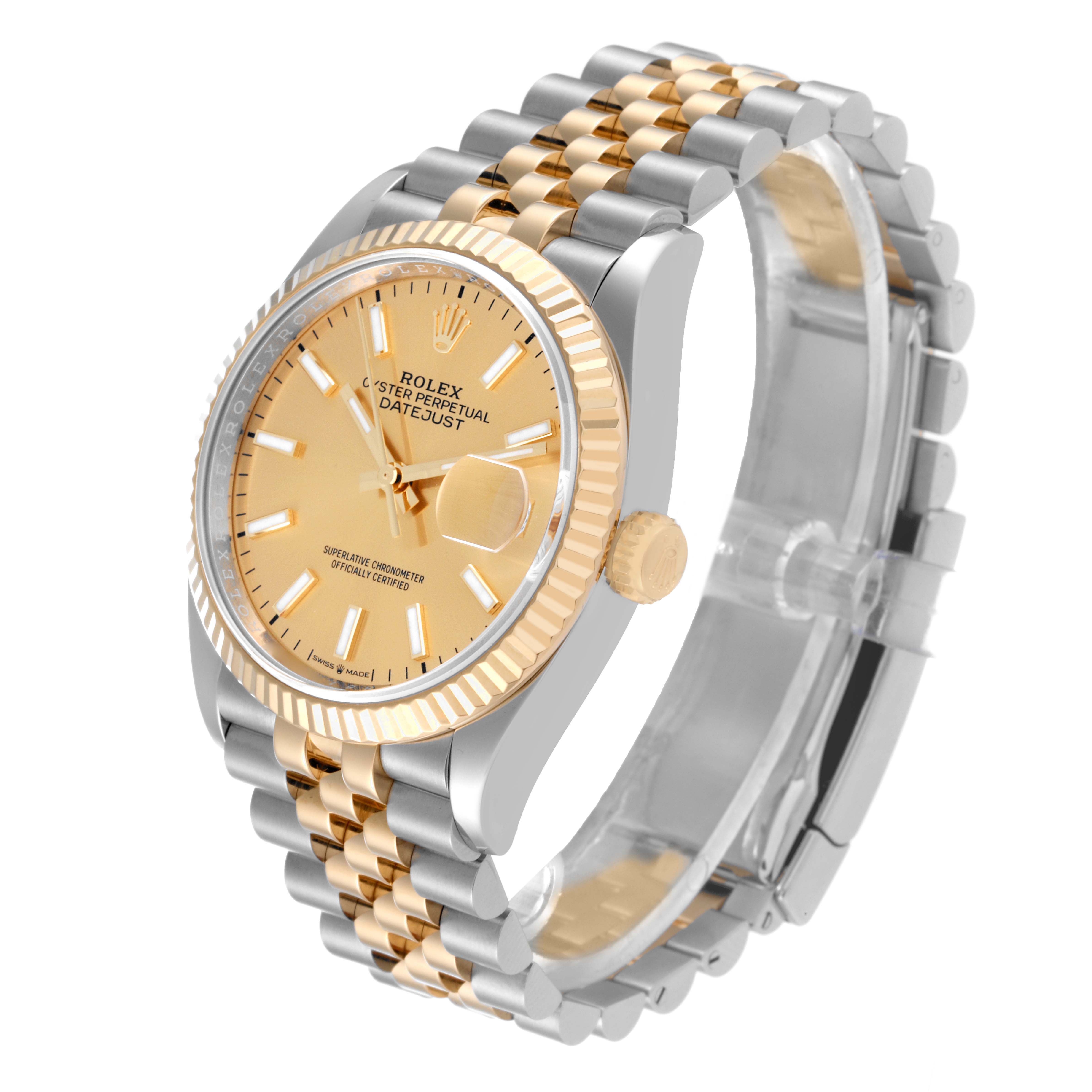 The Rolex Datejust 126233 Men's Steel and Gold (two tone) Champagne Dial 126233 Men's Steel and Gold (two tone) Champagne Dial watch is shown from a side-front angle, clearly displaying the face, fluted bezel, bracelet, and crown.