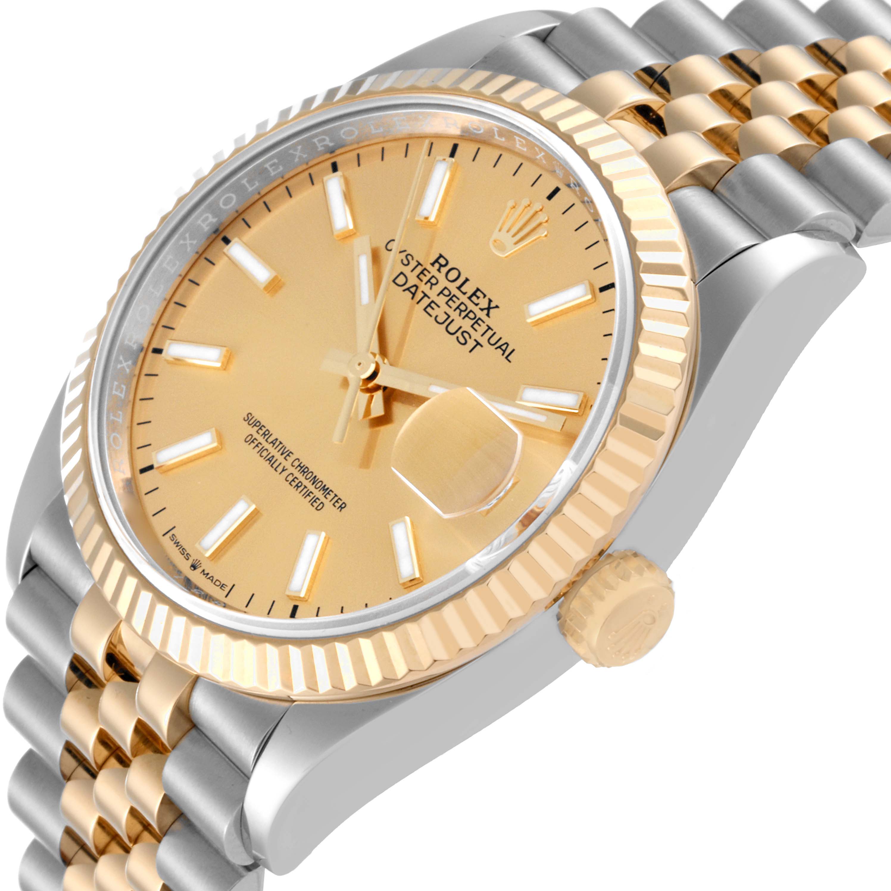 The image shows a side angle of a Rolex Datejust 126233 Men's Steel and Gold (two tone) Champagne Dial 126233 Men's Steel and Gold (two tone) Champagne Dial watch, highlighting its dial, bezel, crown, and part of the bracelet.