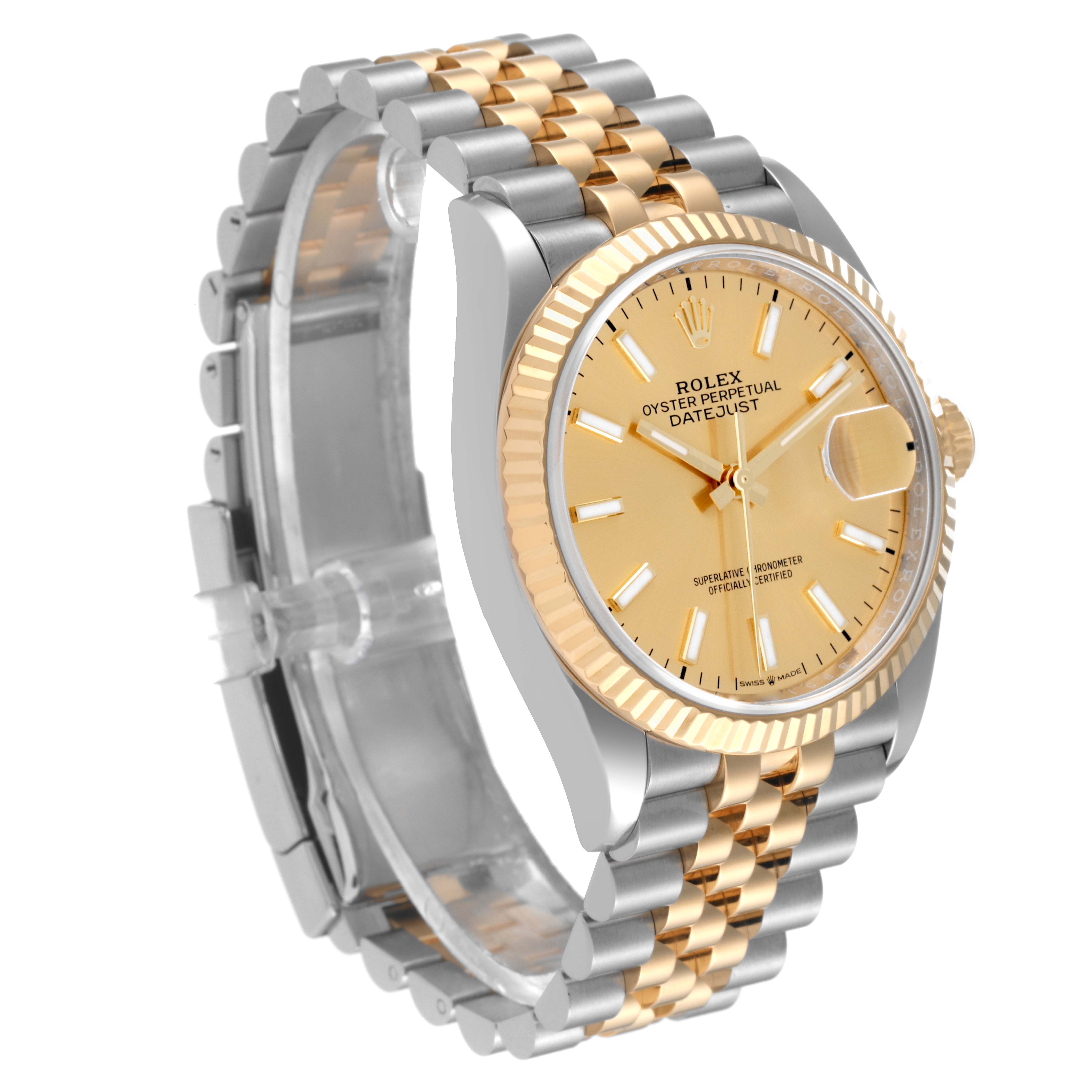 The Rolex Datejust 126233 Men's Steel and Gold (two tone) Champagne Dial 126233 Men's Steel and Gold (two tone) Champagne Dial watch is shown at a slight angle, featuring a yellow gold face, fluted bezel, and two-tone Jubilee bracelet.
