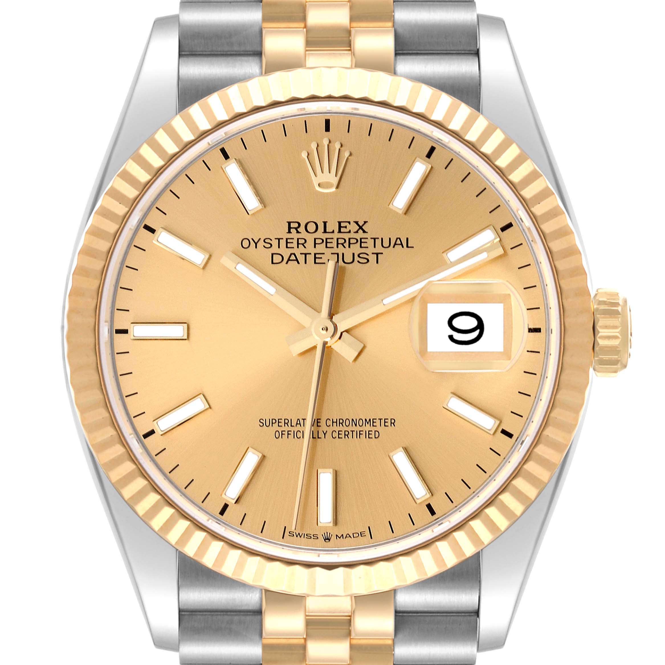 This image shows a front view of a Rolex Datejust 126233 Men's Steel and Gold (two tone) Champagne Dial 126233 Men's Steel and Gold (two tone) Champagne Dial watch, highlighting the dial, bezel, and part of the bracelet.