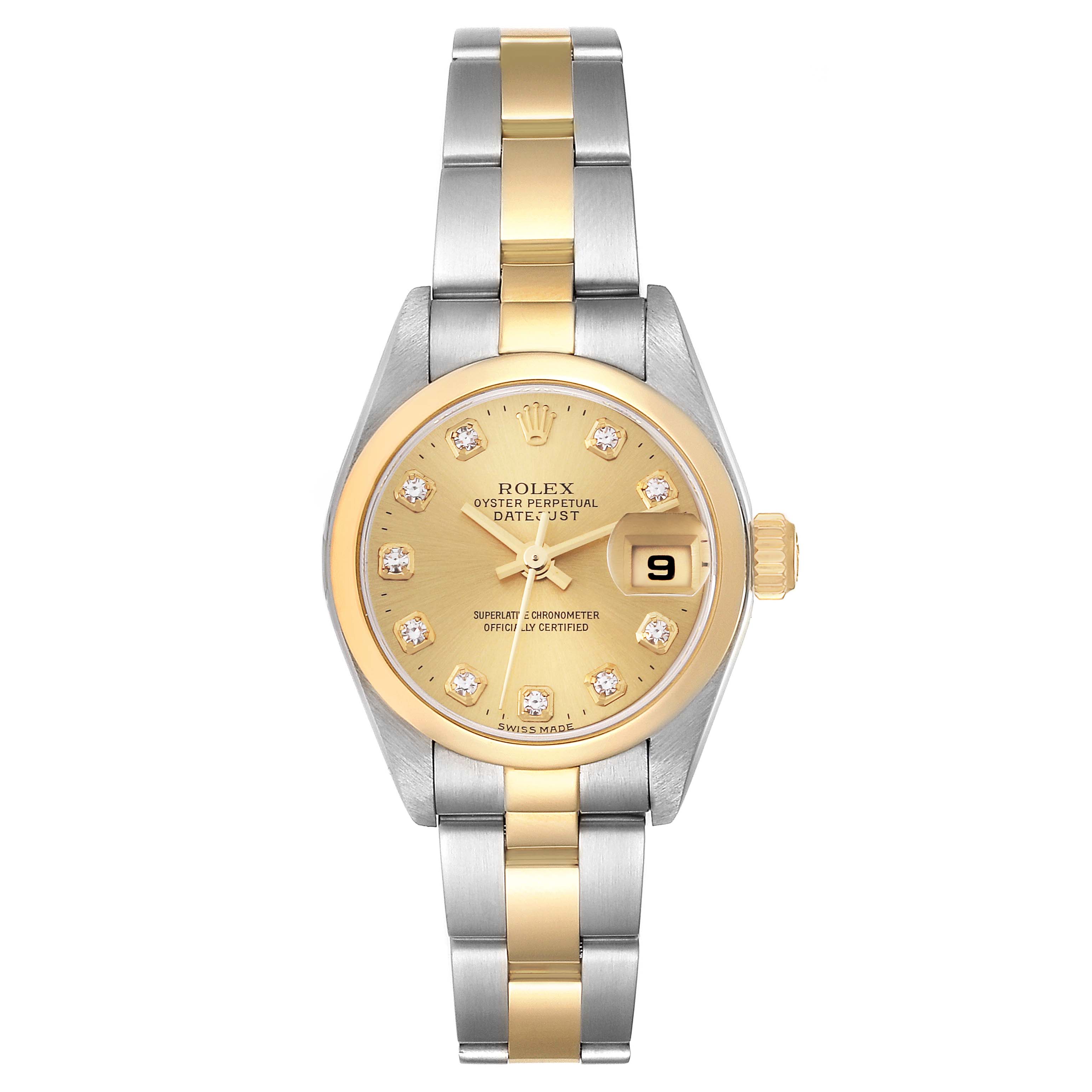 The image shows a front view of a Rolex Datejust 79163 Women's Steel and Gold (two tone) Champagne Dial 79163 Women's Steel and Gold (two tone) Champagne Dial watch, highlighting its dial, bezel, bracelet, and crown.