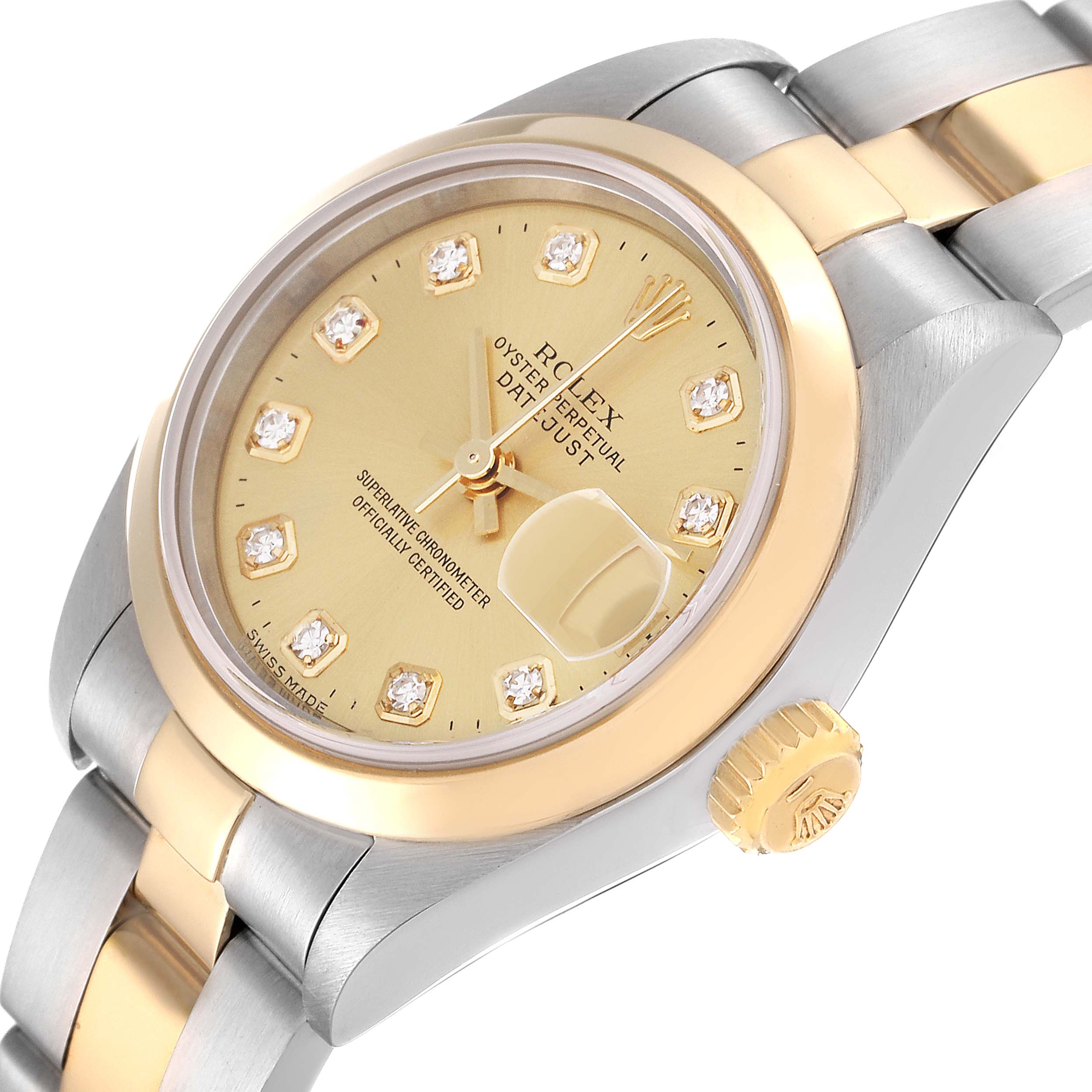 The image shows a Rolex Datejust 79163 Women's Steel and Gold (two tone) Champagne Dial 79163 Women's Steel and Gold (two tone) Champagne Dial watch from a slight diagonal angle, highlighting its face, bezel, and two-tone bracelet.