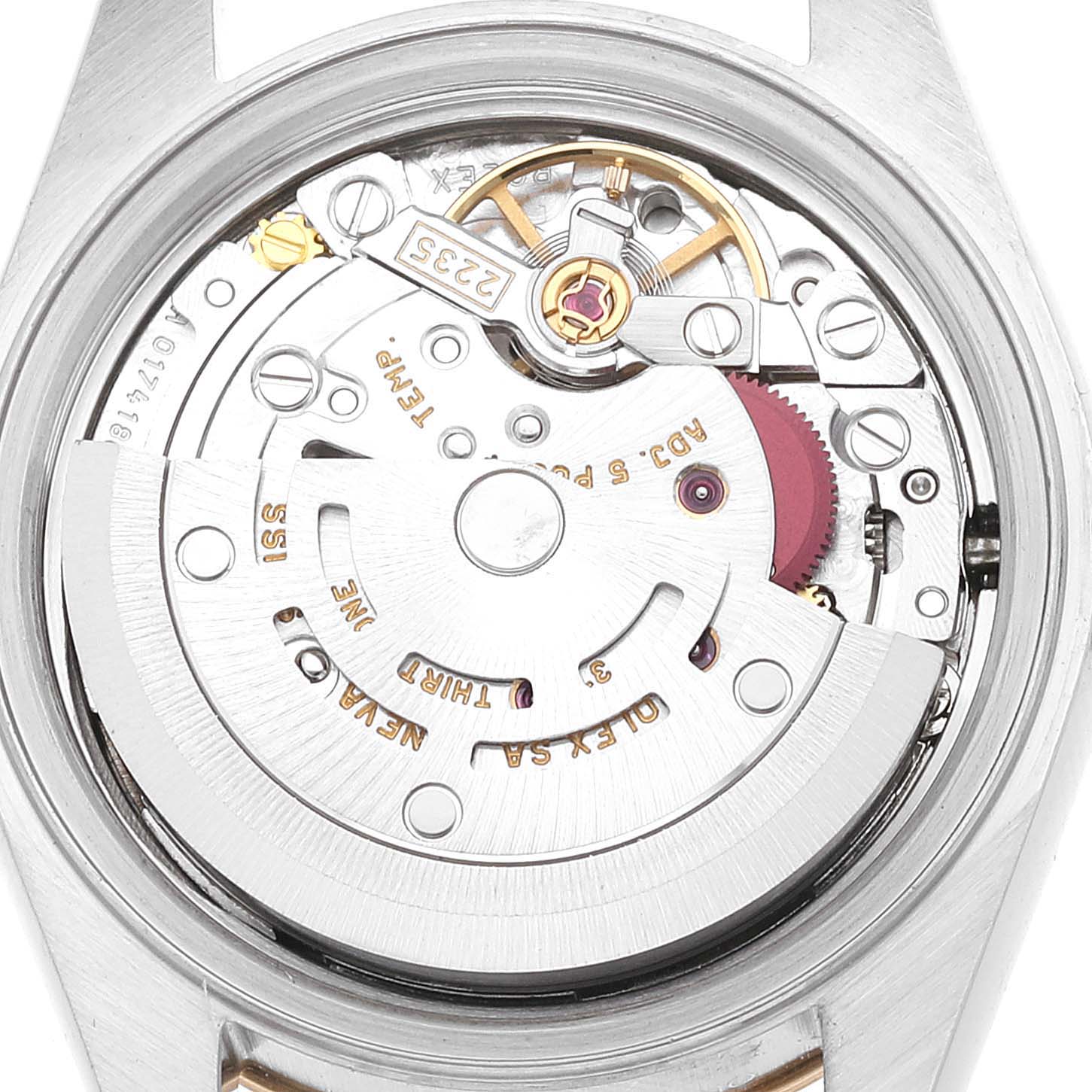 This image shows the back of the Rolex Datejust 79163 Women's Steel and Gold (two tone) Champagne Dial 79163 Women's Steel and Gold (two tone) Champagne Dial watch, highlighting its intricate internal movement mechanisms.