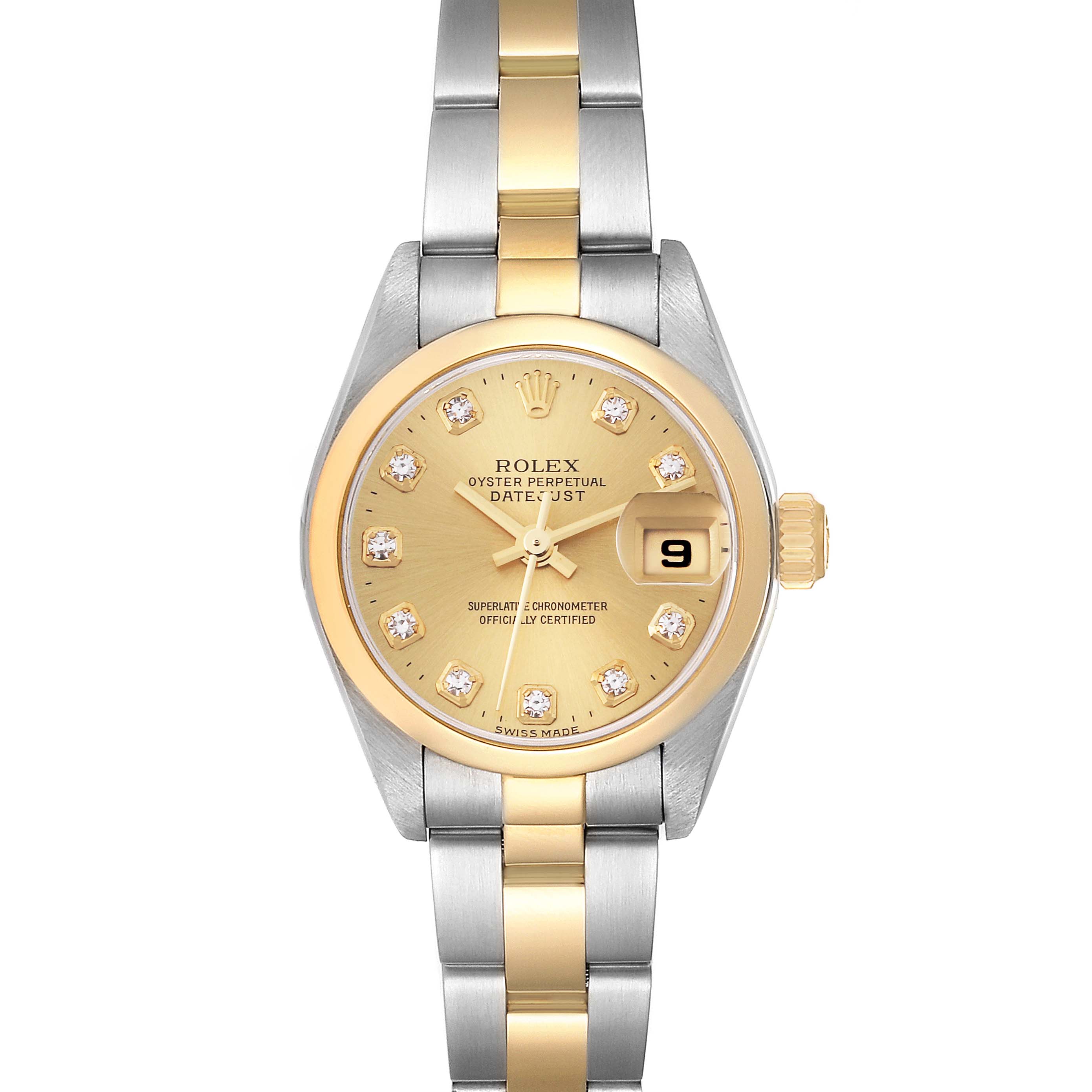 The image shows a front view of a Rolex Datejust 79163 Women's Steel and Gold (two tone) Champagne Dial 79163 Women's Steel and Gold (two tone) Champagne Dial watch, highlighting its gold dial, diamond markers, and bicolored bracelet.