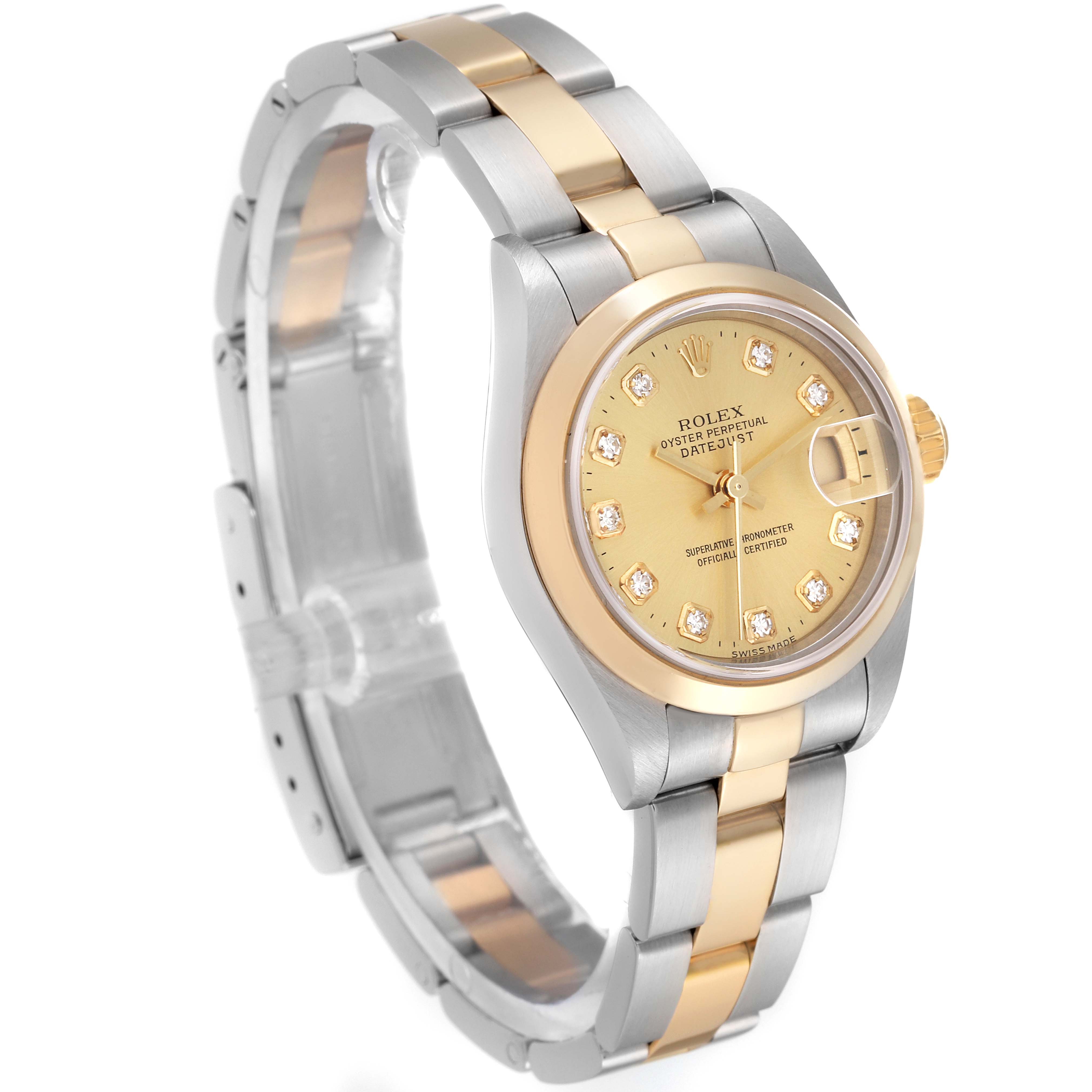 This image shows a Rolex Datejust 79163 Women's Steel and Gold (two tone) Champagne Dial 79163 Women's Steel and Gold (two tone) Champagne Dial watch at a three-quarter angle, highlighting its dial, bezel, and two-tone bracelet.