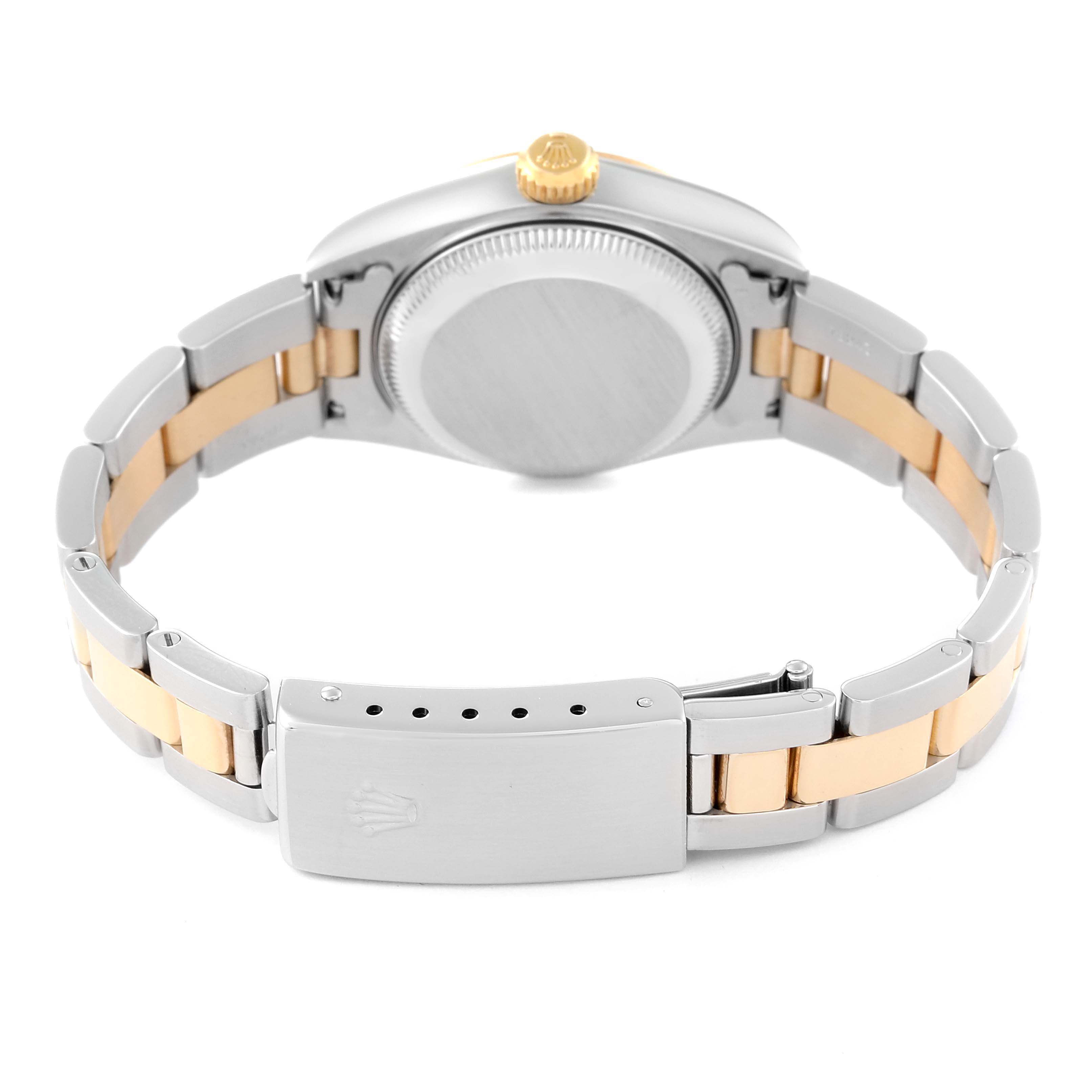 This image shows the back view of a Rolex Datejust 79163 Women's Steel and Gold (two tone) Champagne Dial 79163 Women's Steel and Gold (two tone) Champagne Dial watch, highlighting the two-tone bracelet and clasp.