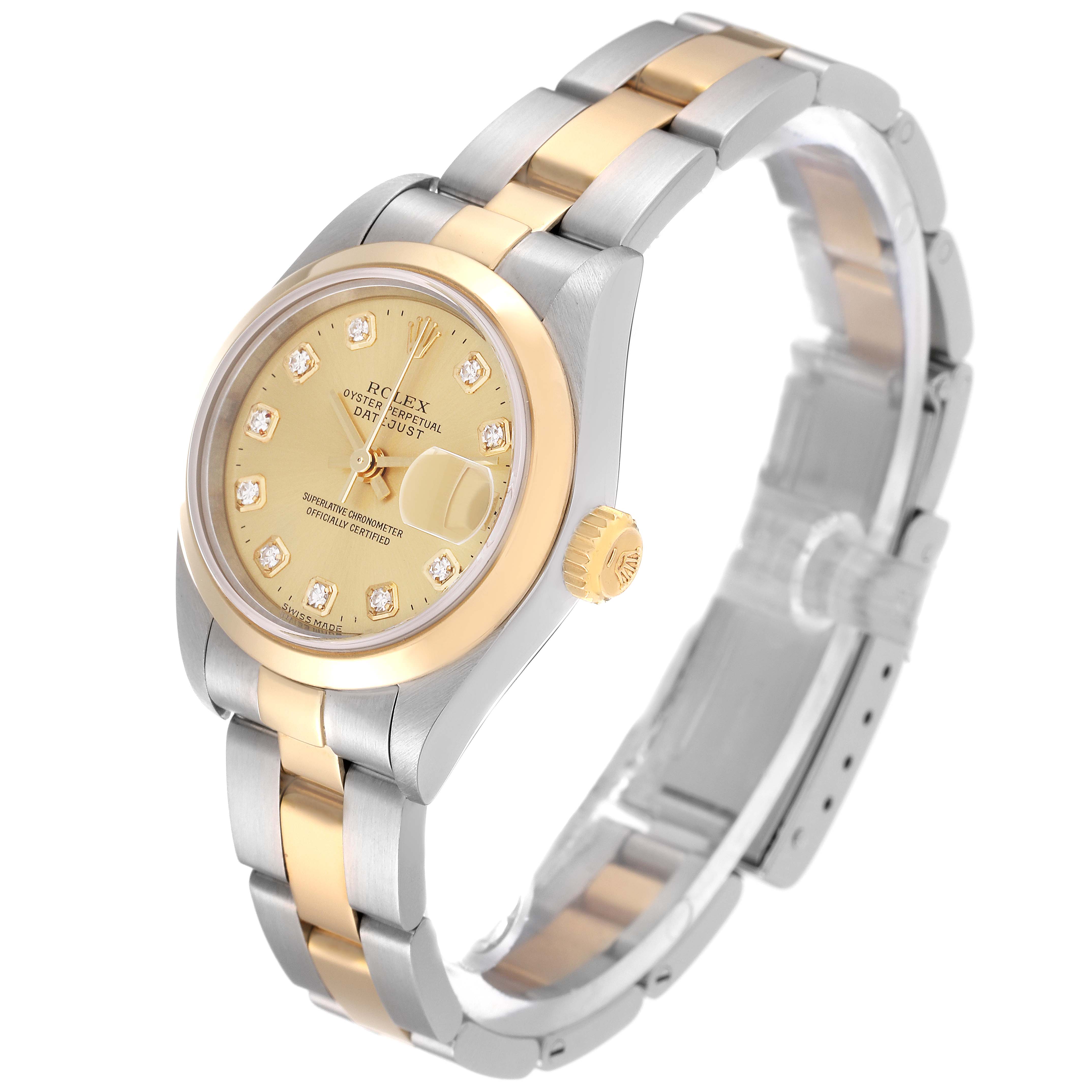 The image shows the front and side view of a Rolex Datejust 79163 Women's Steel and Gold (two tone) Champagne Dial 79163 Women's Steel and Gold (two tone) Champagne Dial watch with a two-tone band and diamond markers.