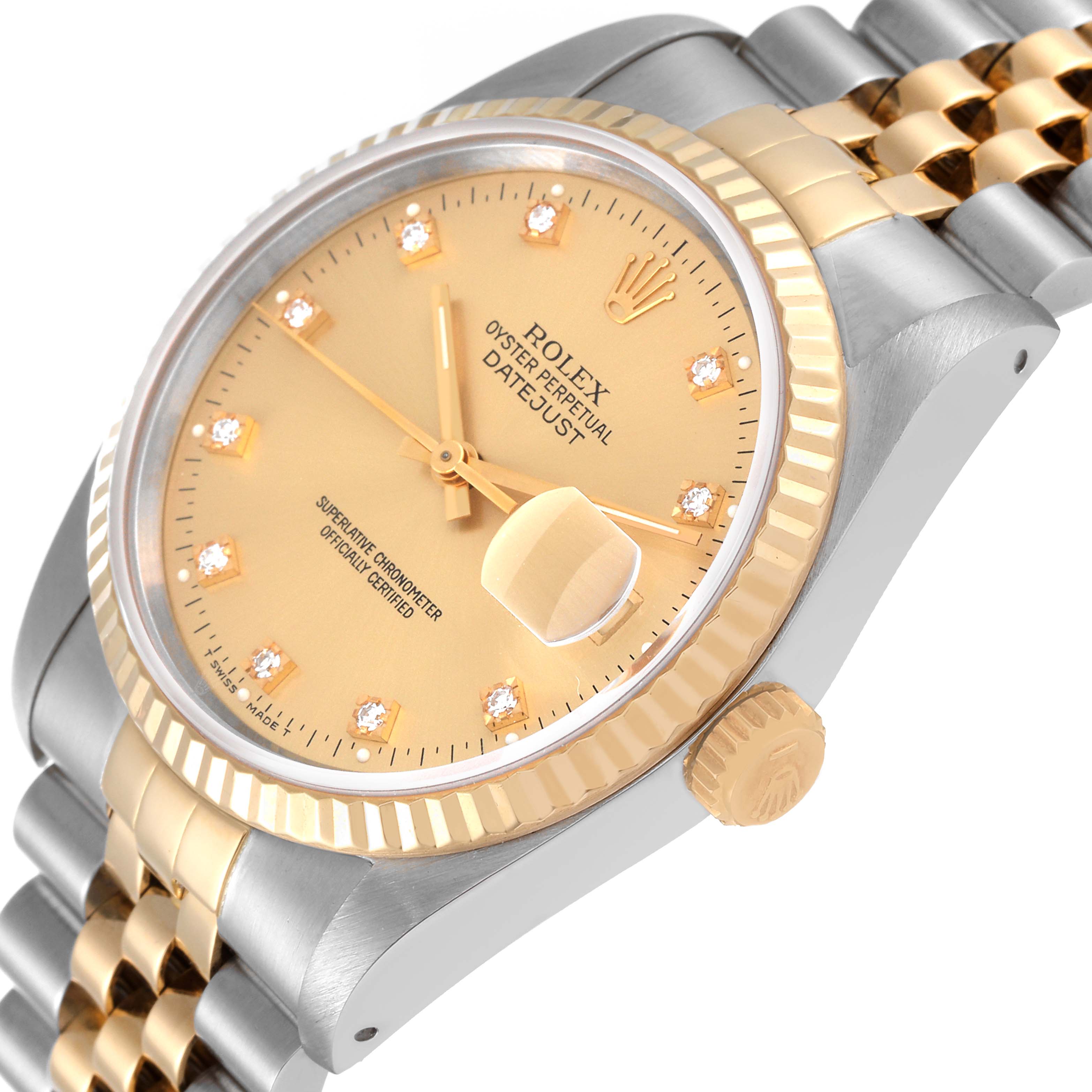 This image shows the Rolex Datejust 16233 Men's Steel and Gold (two tone) Champagne Dial 16233 Men's Steel and Gold (two tone) Champagne Dial watch at an angle, highlighting the dial, bezel, crown, and part of the bracelet.
