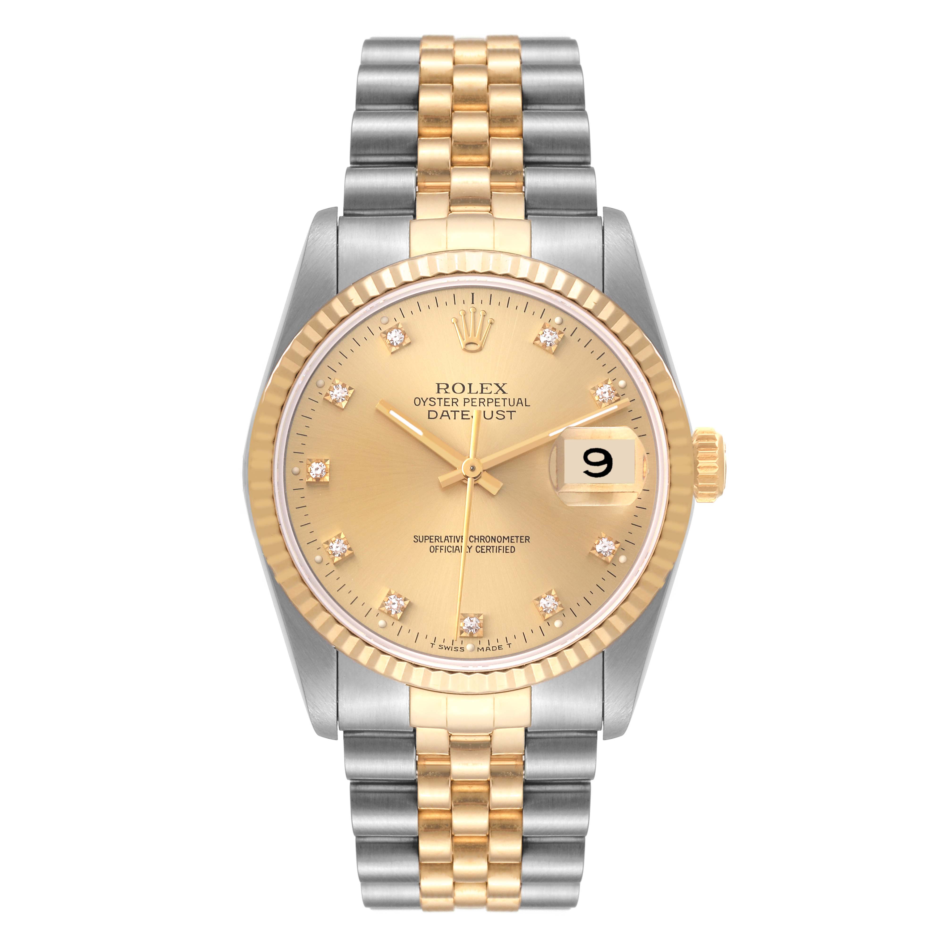 The image shows a Rolex Datejust 16233 Men's Steel and Gold (two tone) Champagne Dial 16233 Men's Steel and Gold (two tone) Champagne Dial watch from a front angle, displaying the dial, hands, date window, bezel, and two-tone bracelet.