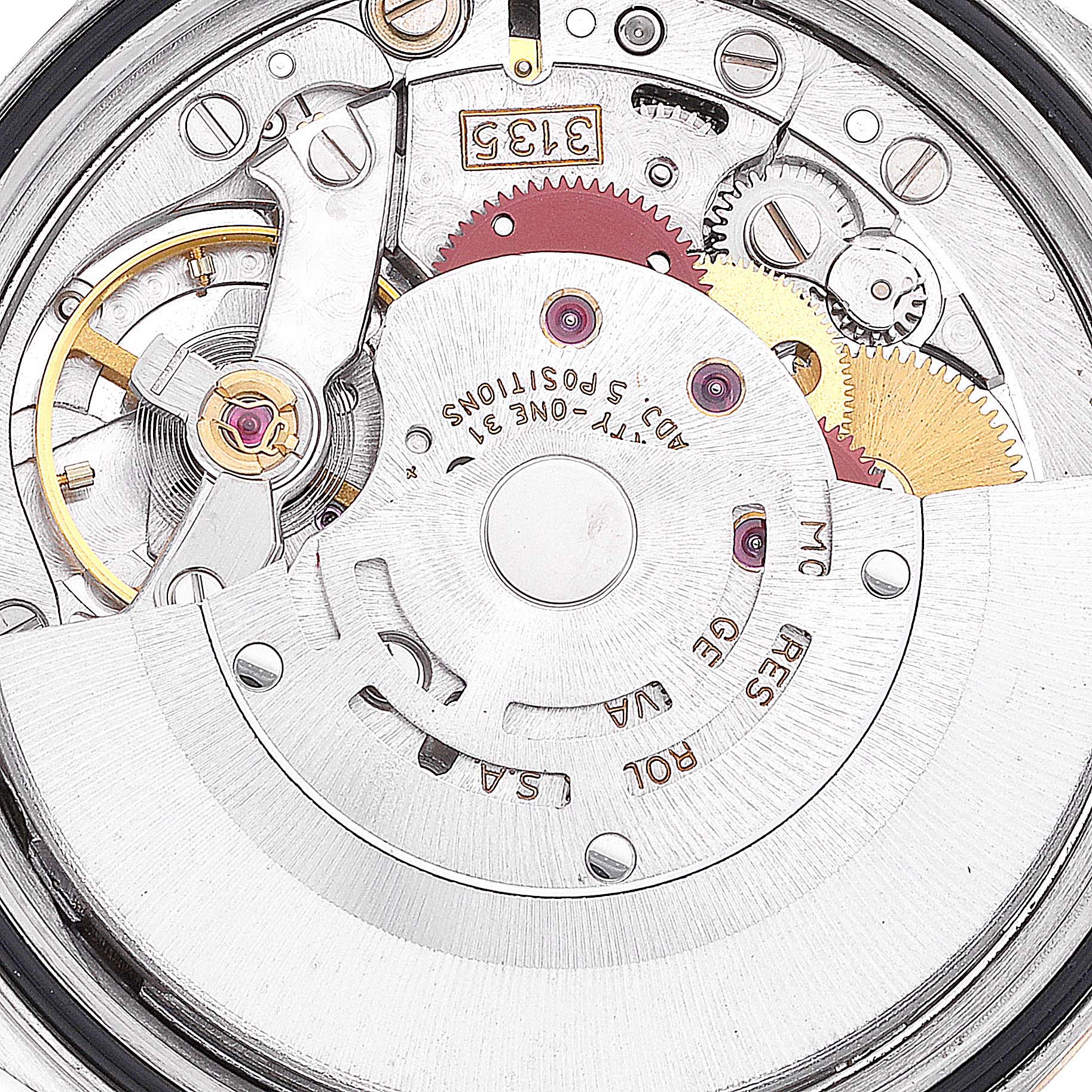 The image shows an internal view of the Rolex Datejust 16233 Men's Steel and Gold (two tone) Champagne Dial 16233 Men's Steel and Gold (two tone) Champagne Dial model's movement mechanism, highlighting gears and intricate details.