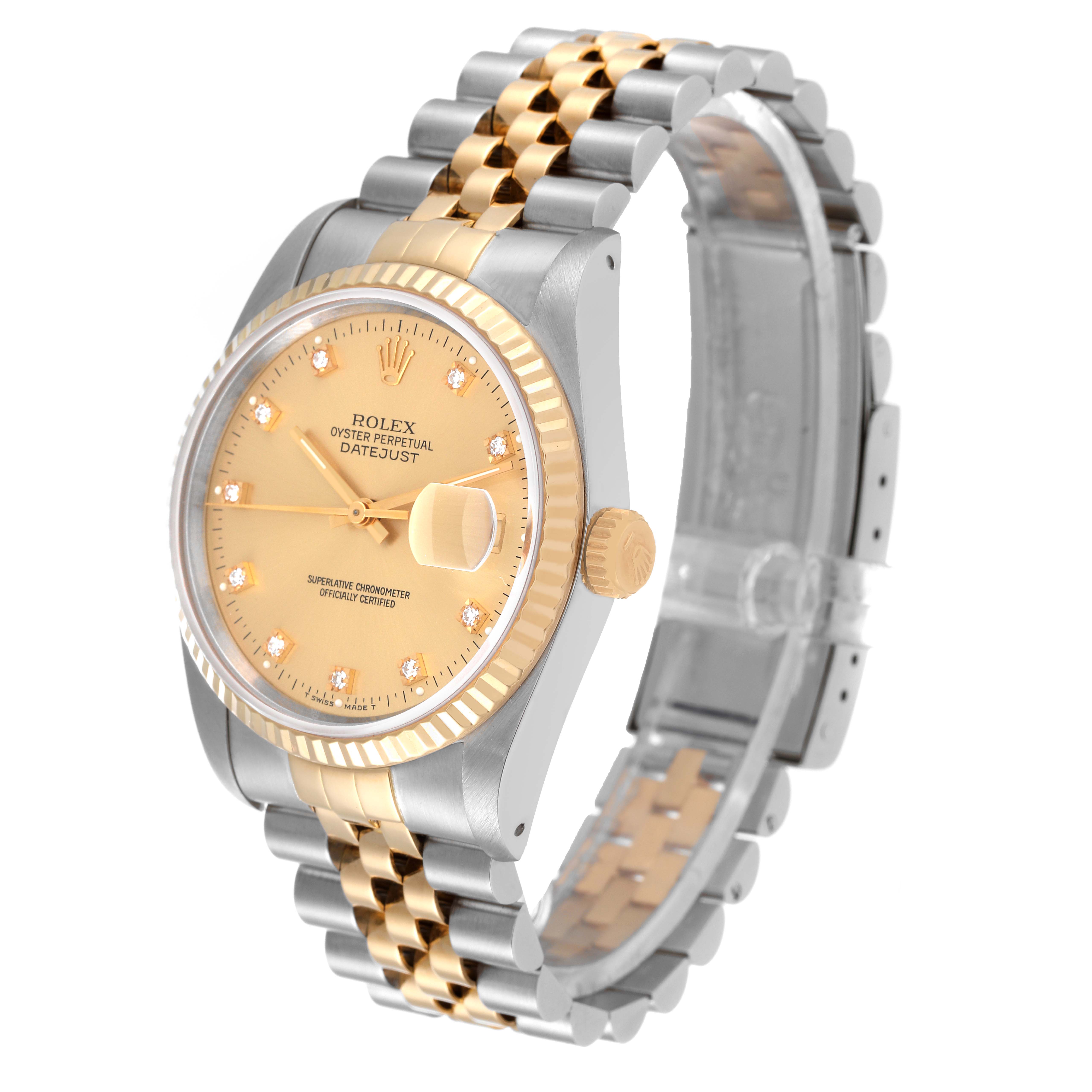 This image shows a Rolex Datejust 16233 Men's Steel and Gold (two tone) Champagne Dial 16233 Men's Steel and Gold (two tone) Champagne Dial watch at a three-quarter angle, highlighting the dial, case, bezel, and two-tone bracelet.