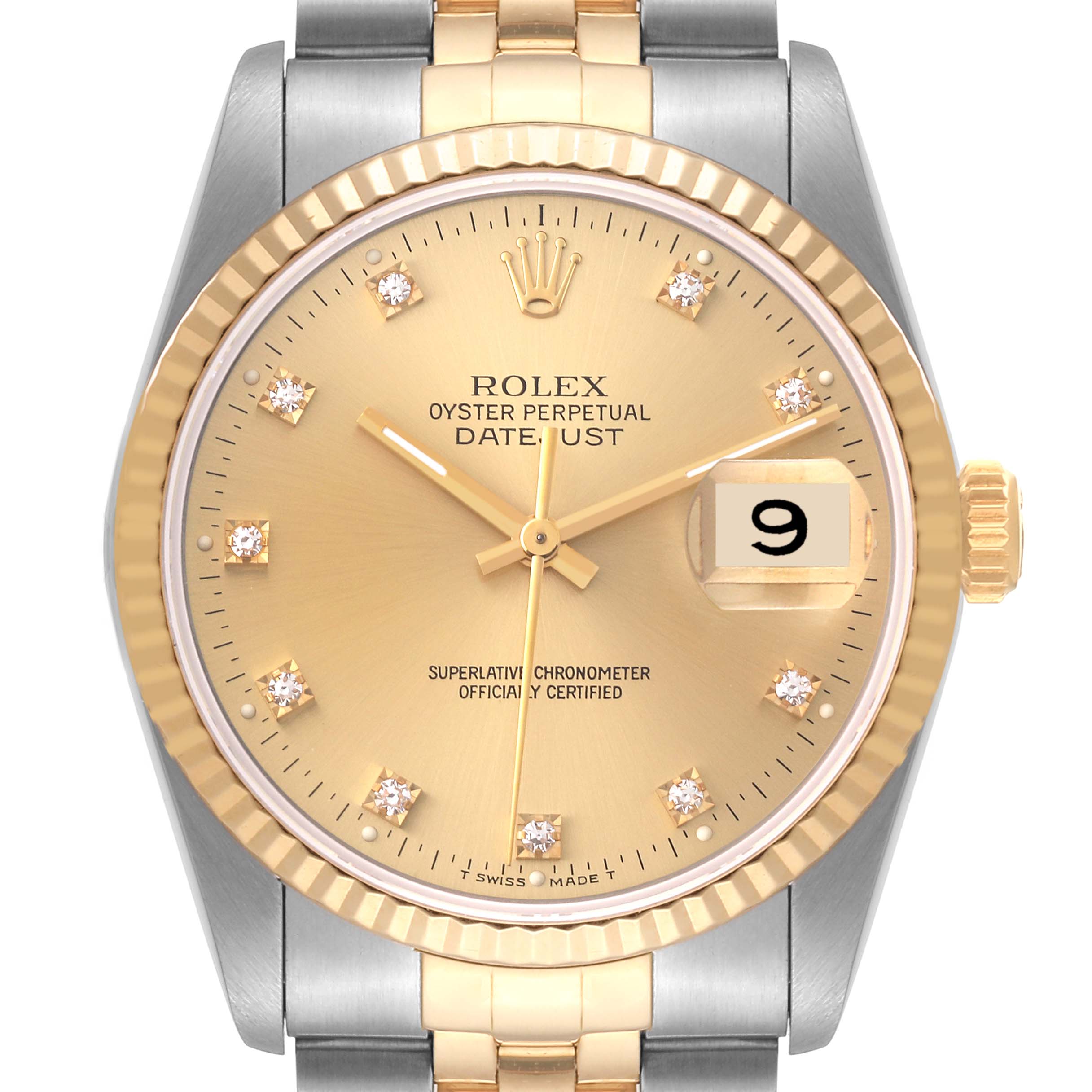 This image shows the front view of a Rolex Datejust 16233 Men's Steel and Gold (two tone) Champagne Dial 16233 Men's Steel and Gold (two tone) Champagne Dial watch, highlighting the dial, hour markers, and part of the bracelet.