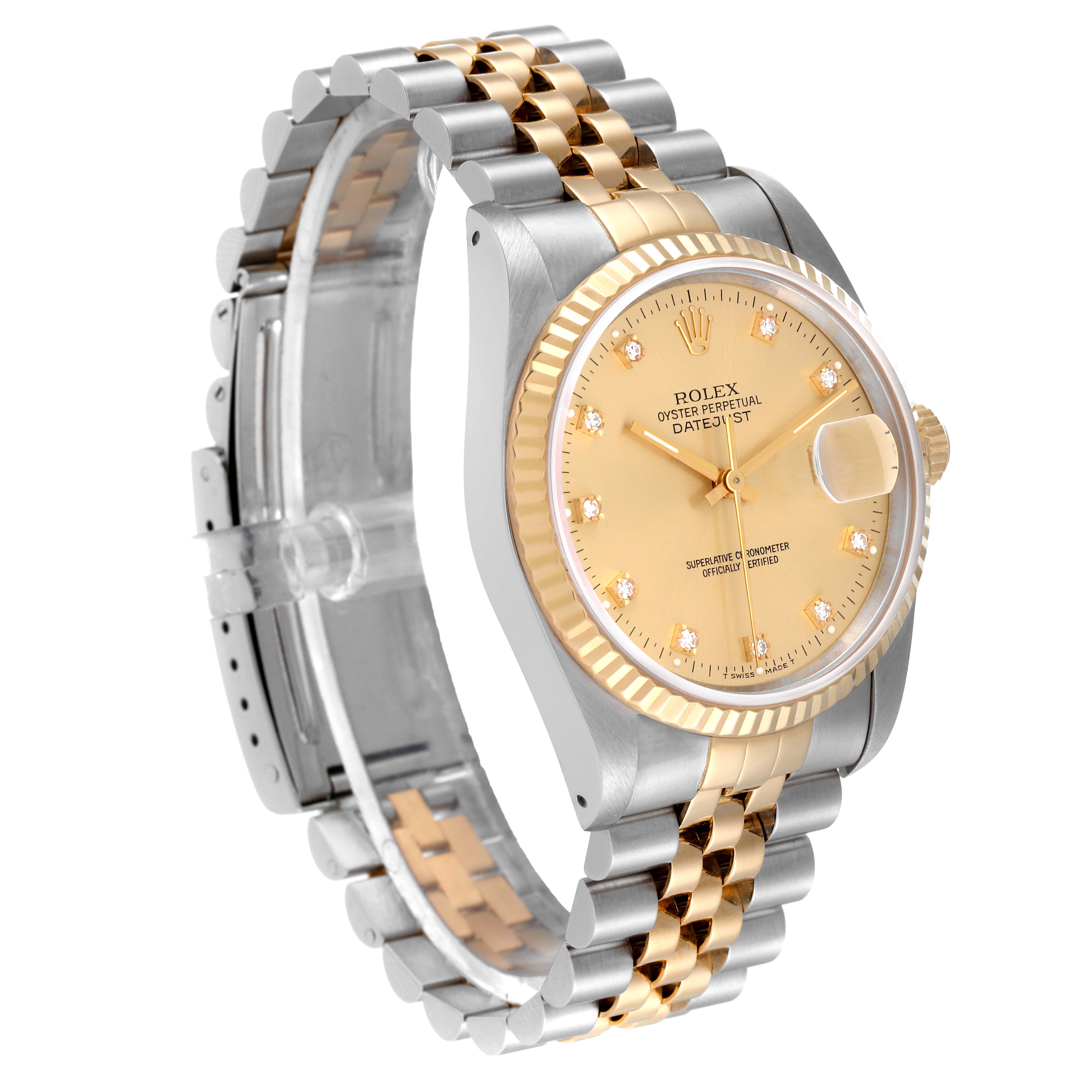 The image shows a side angle of the Rolex Datejust 16233 Men's Steel and Gold (two tone) Champagne Dial 16233 Men's Steel and Gold (two tone) Champagne Dial watch, highlighting its gold and silver jubilee bracelet and champagne dial.
