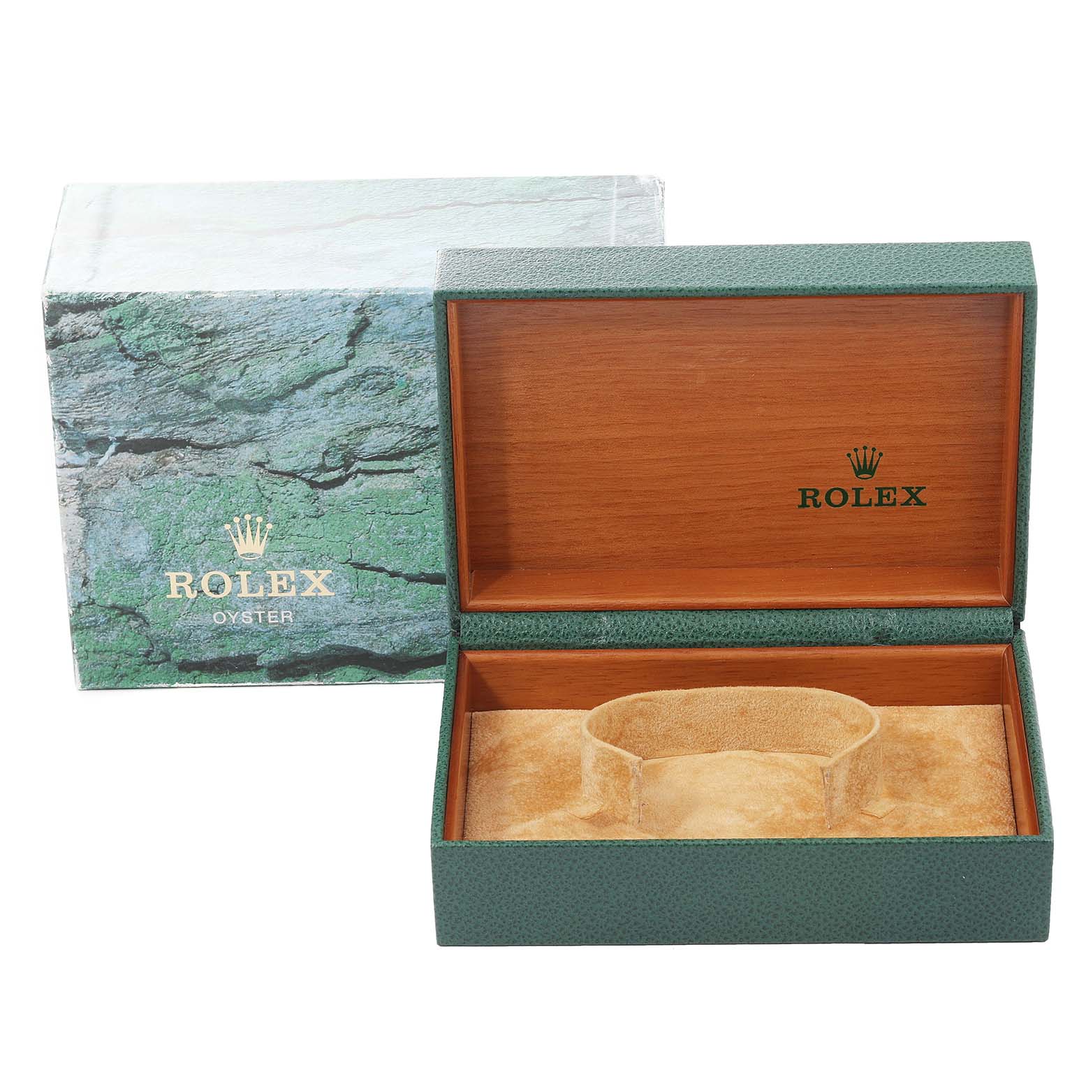 The image shows an open green Rolex box and its packaging for a Datejust model.