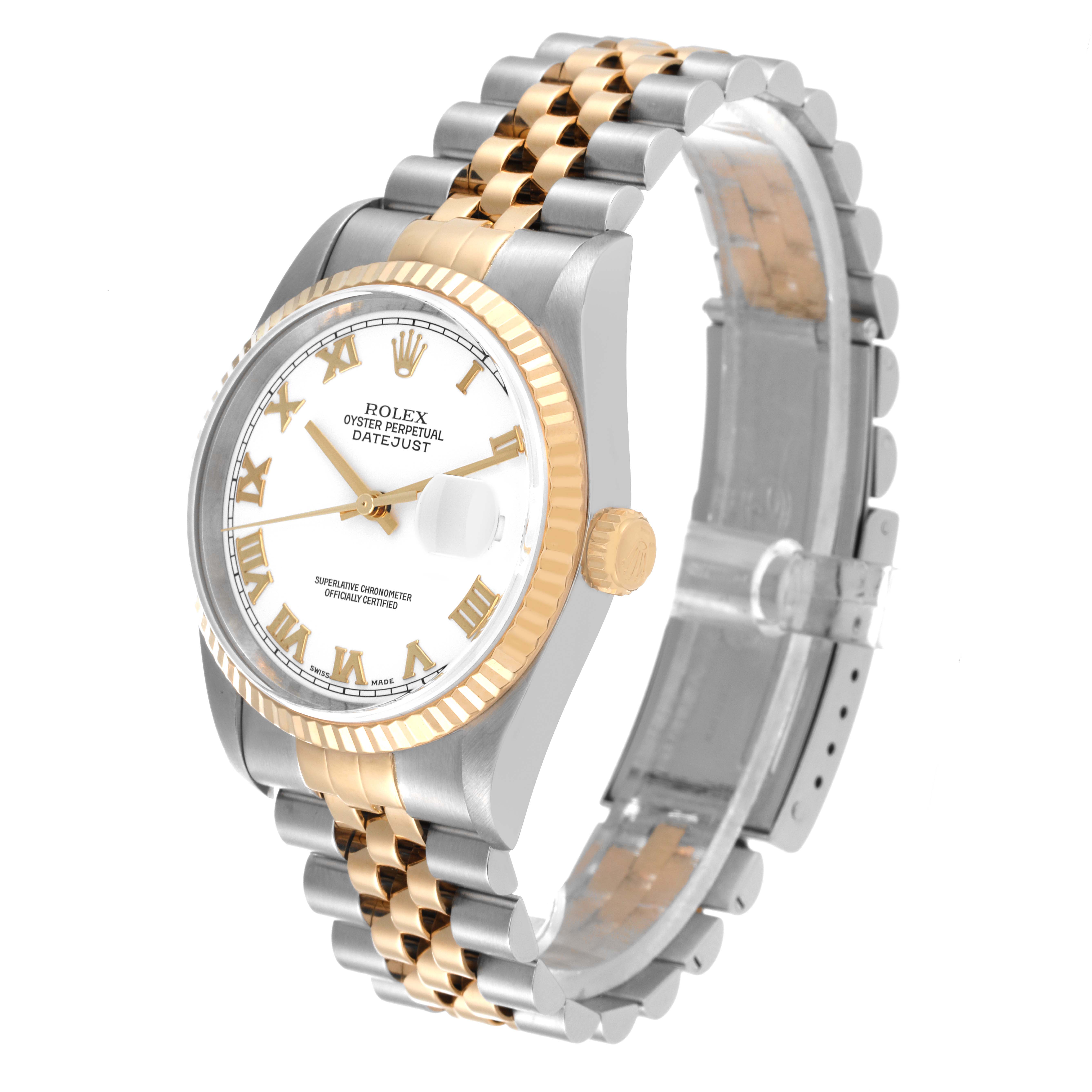 The Rolex Datejust 16233 Men's Steel and Gold (two tone) White Dial 16233 Men's Steel and Gold (two tone) White Dial watch is shown at a three-quarter angle, highlighting its two-tone bracelet, fluted bezel, and white dial with Roman numerals.