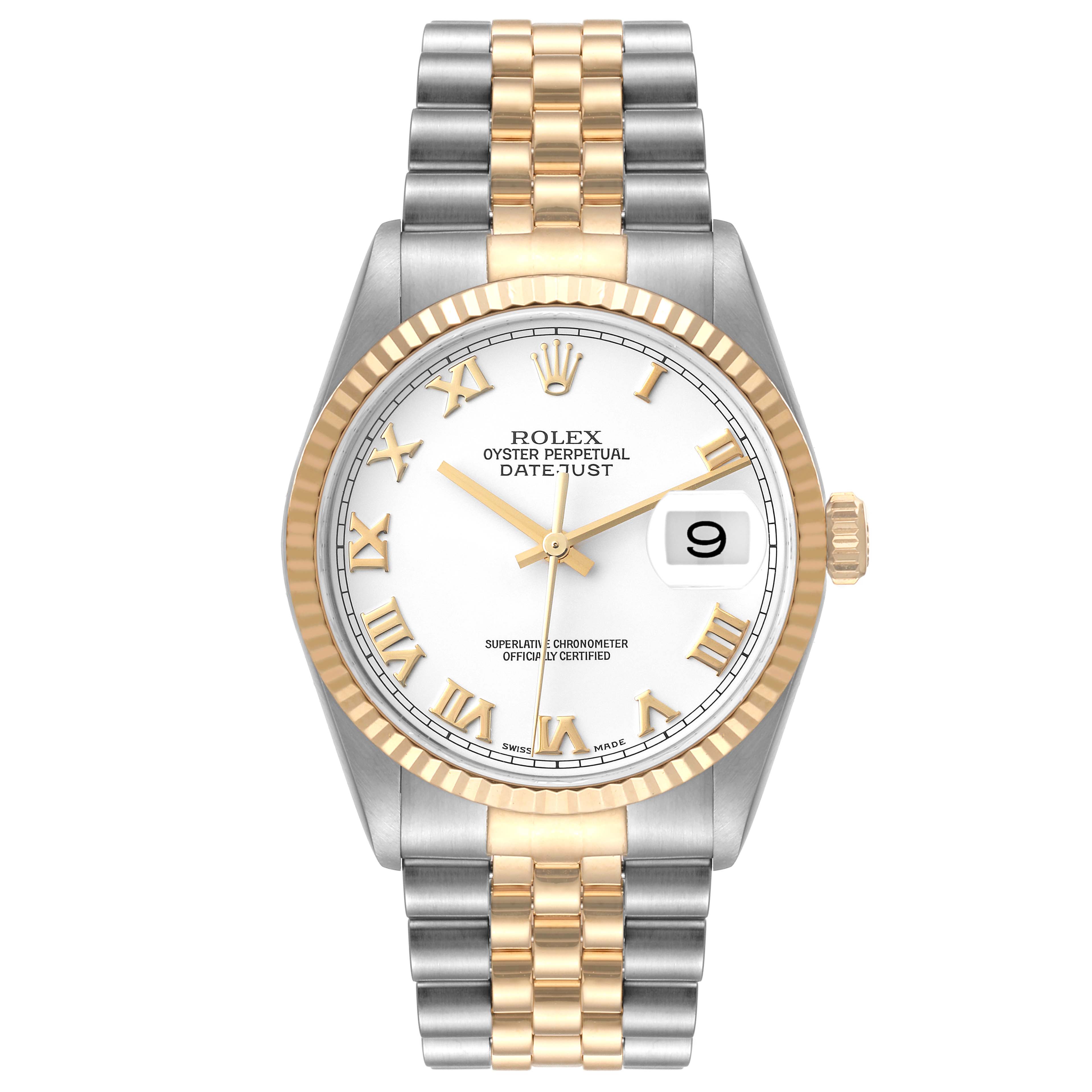 The image shows a front view of the Rolex Datejust 16233 Men's Steel and Gold (two tone) White Dial 16233 Men's Steel and Gold (two tone) White Dial watch, displaying its dial, bezel, and bracelet.