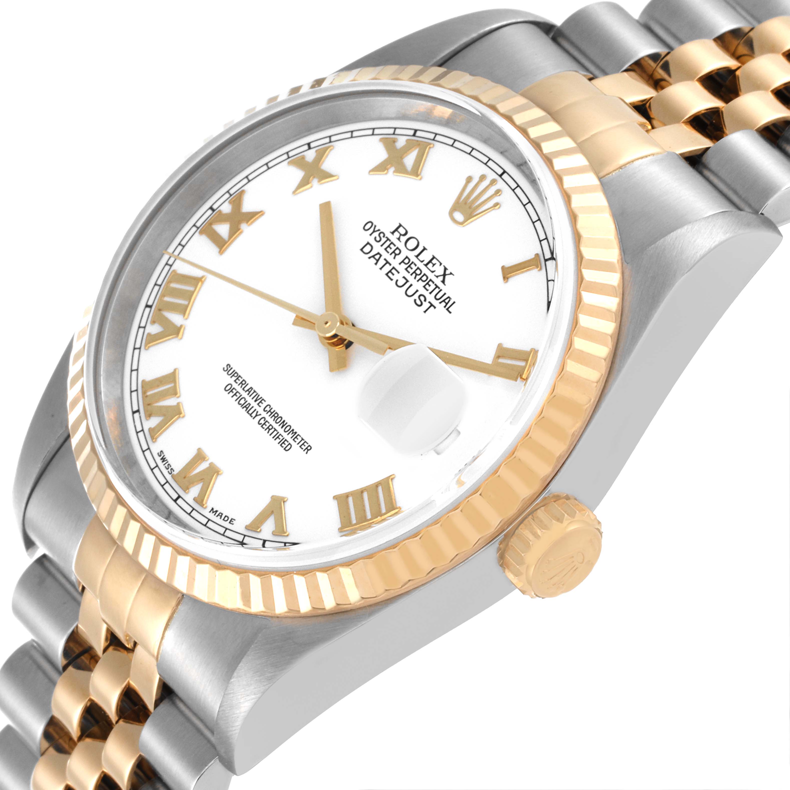 The image shows a close-up angled view of the Rolex Datejust 16233 Men's Steel and Gold (two tone) White Dial 16233 Men's Steel and Gold (two tone) White Dial watch, highlighting the face, bezel, crown, and part of the bracelet.