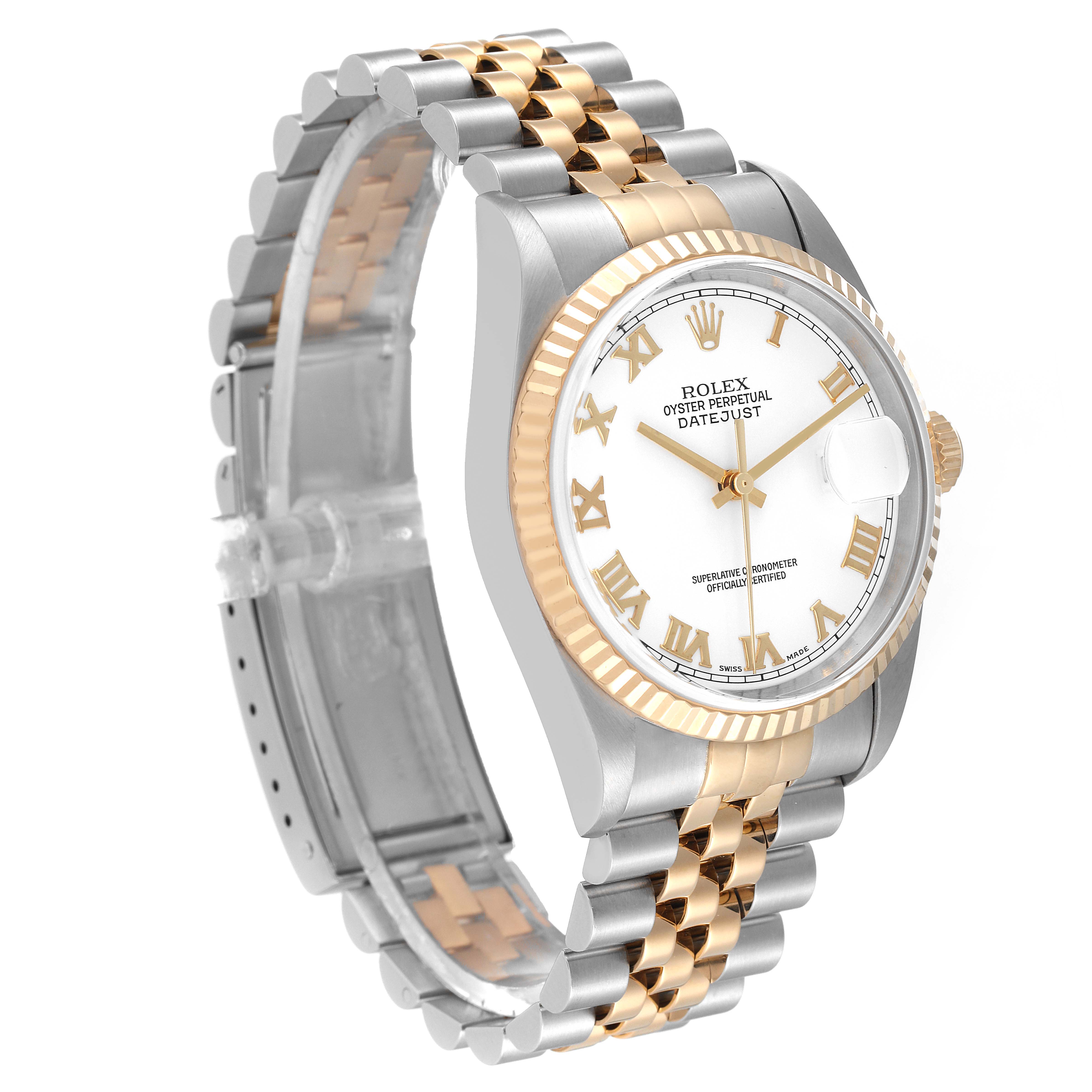The Rolex Datejust 16233 Men's Steel and Gold (two tone) White Dial 16233 Men's Steel and Gold (two tone) White Dial watch is shown from a front angle, highlighting its two-tone band, white dial, and fluted bezel.