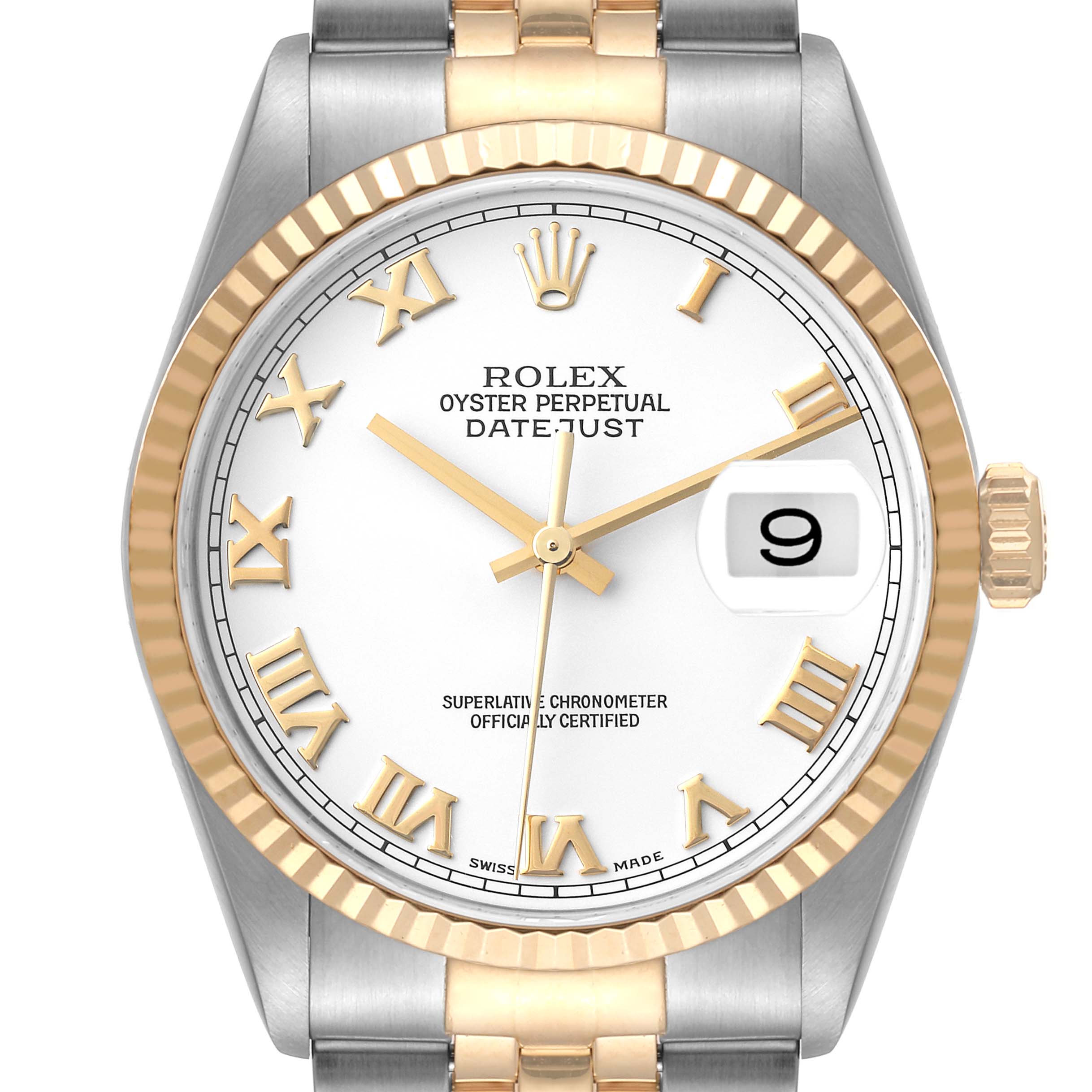 This image shows a frontal view of a Rolex Datejust 16233 Men's Steel and Gold (two tone) White Dial 16233 Men's Steel and Gold (two tone) White Dial watch, highlighting its dial, bezel, and part of the bracelet.