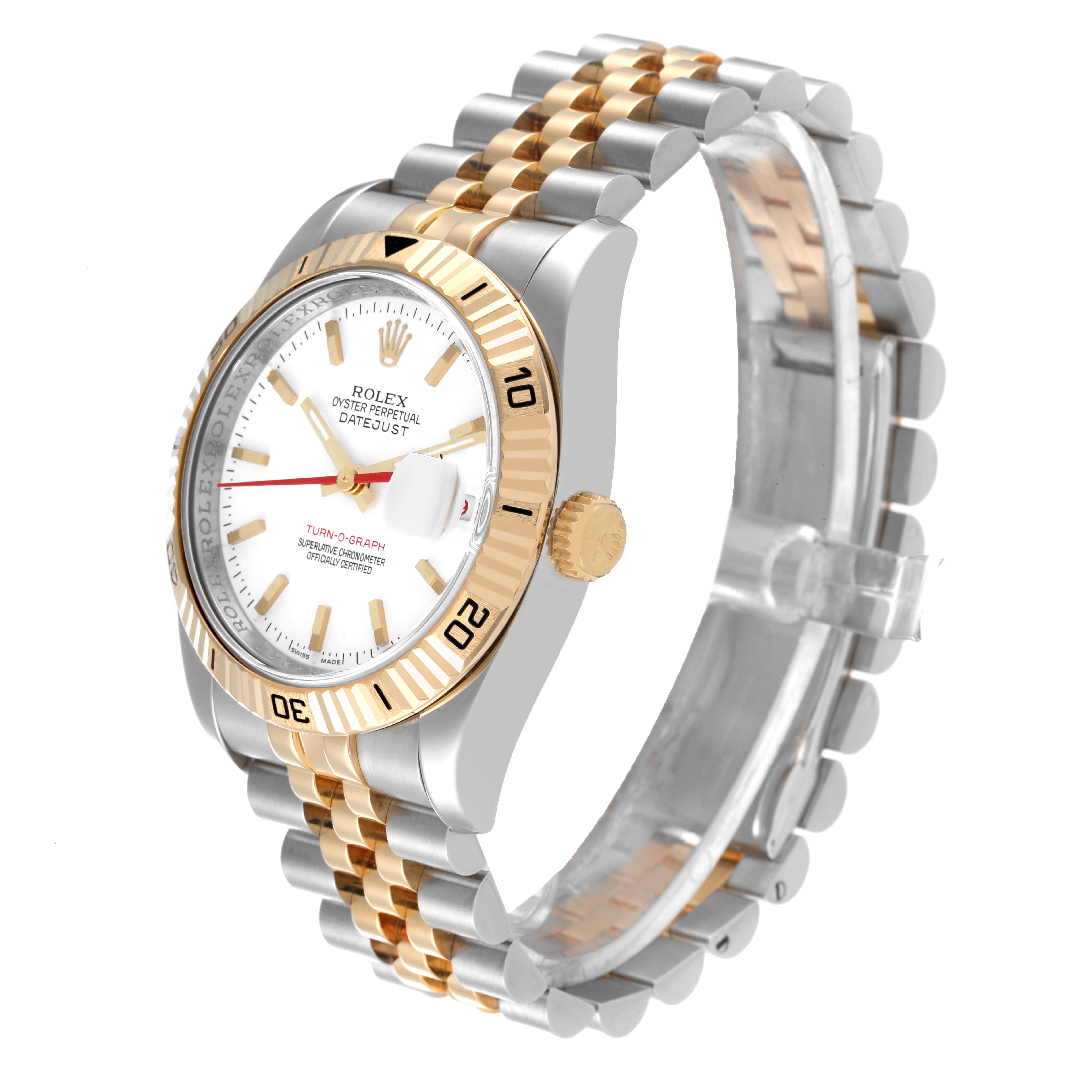 The Rolex Turn-o-Graph 116263 Men's Steel and Gold (two tone) White Dial 116263 Men's Steel and Gold (two tone) White Dial watch is shown at an angle highlighting its face, bezel, crown, and two-tone bracelet.