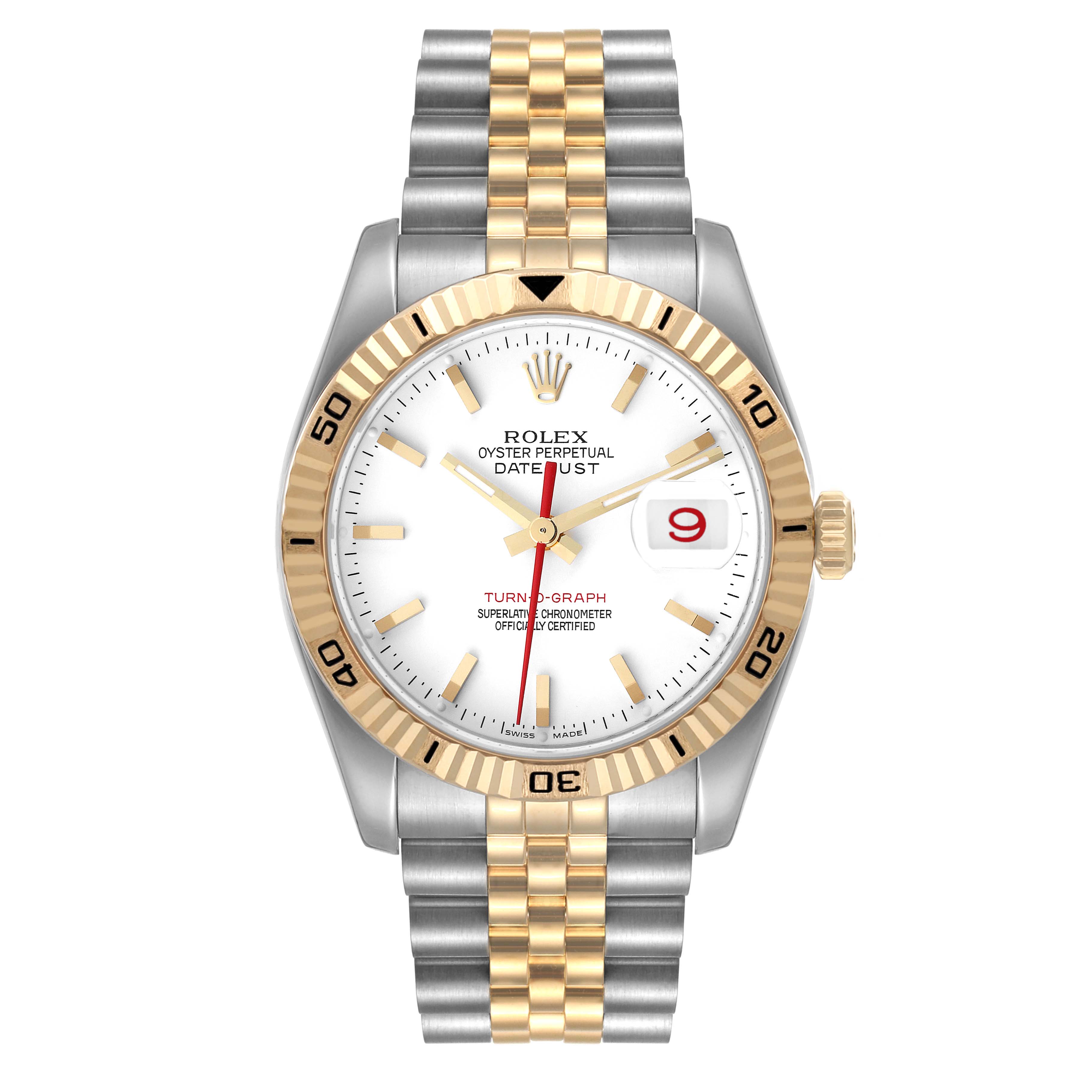 The Rolex Turn-o-Graph 116263 Men's Steel and Gold (two tone) White Dial 116263 Men's Steel and Gold (two tone) White Dial watch is shown from the front, displaying its dial, hands, bezel, and bracelet.