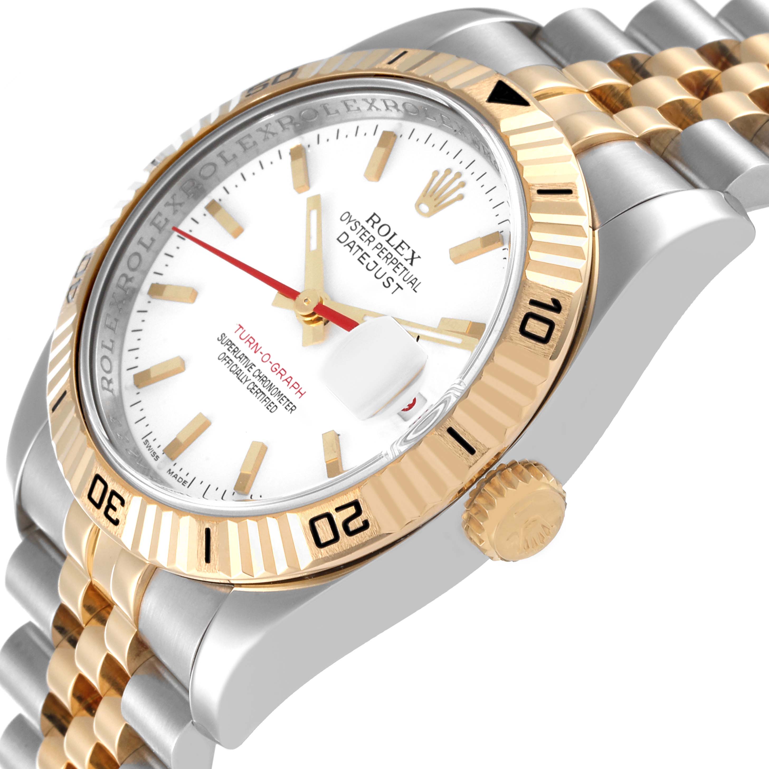 The Rolex Turn-o-Graph 116263 Men's Steel and Gold (two tone) White Dial 116263 Men's Steel and Gold (two tone) White Dial watch is shown at a three-quarter angle, highlighting the face, bezel, crown, and part of the bracelet.