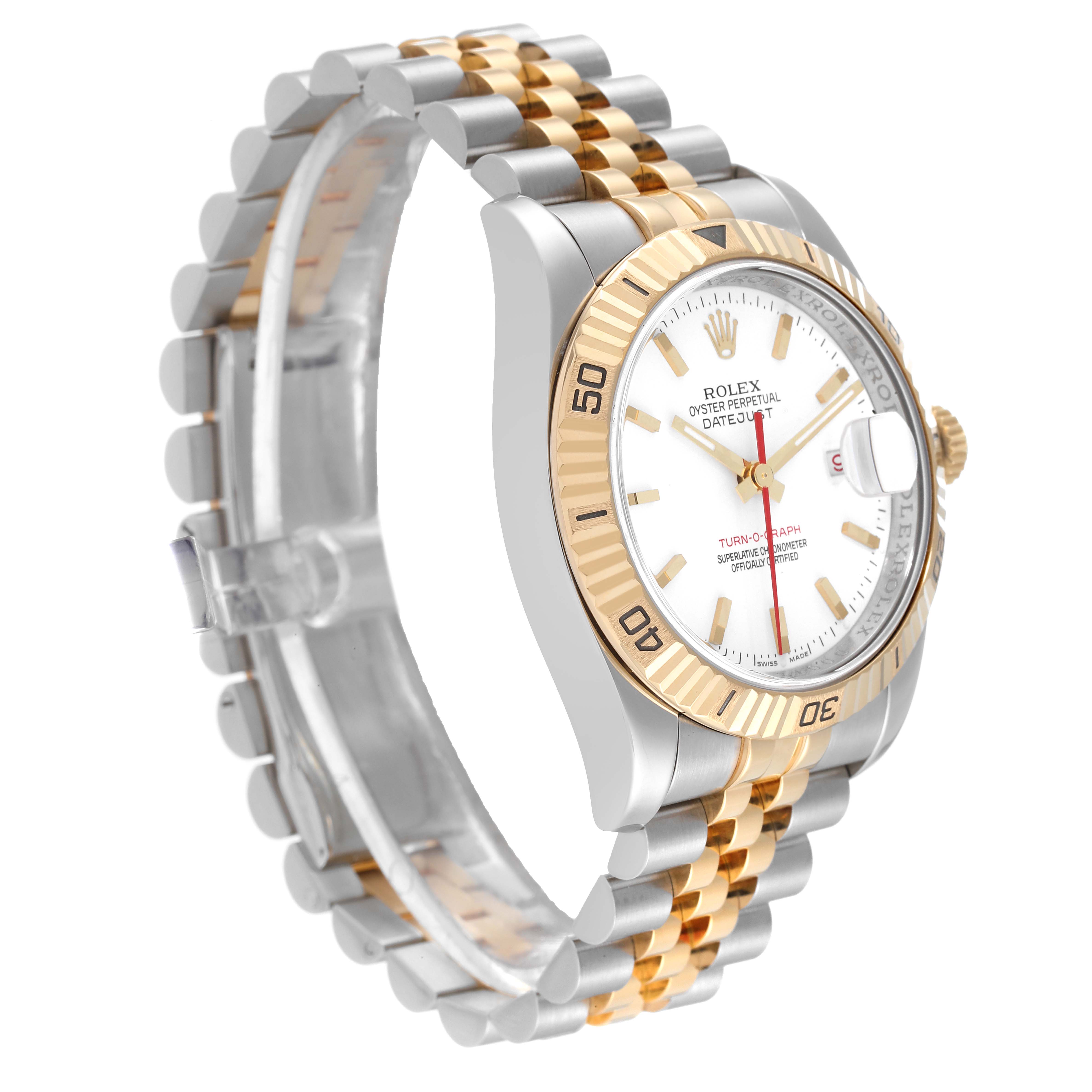 The image shows a Rolex Turn-o-Graph 116263 Men's Steel and Gold (two tone) White Dial 116263 Men's Steel and Gold (two tone) White Dial watch at a side angle, highlighting the two-tone bracelet, bezel, and face.
