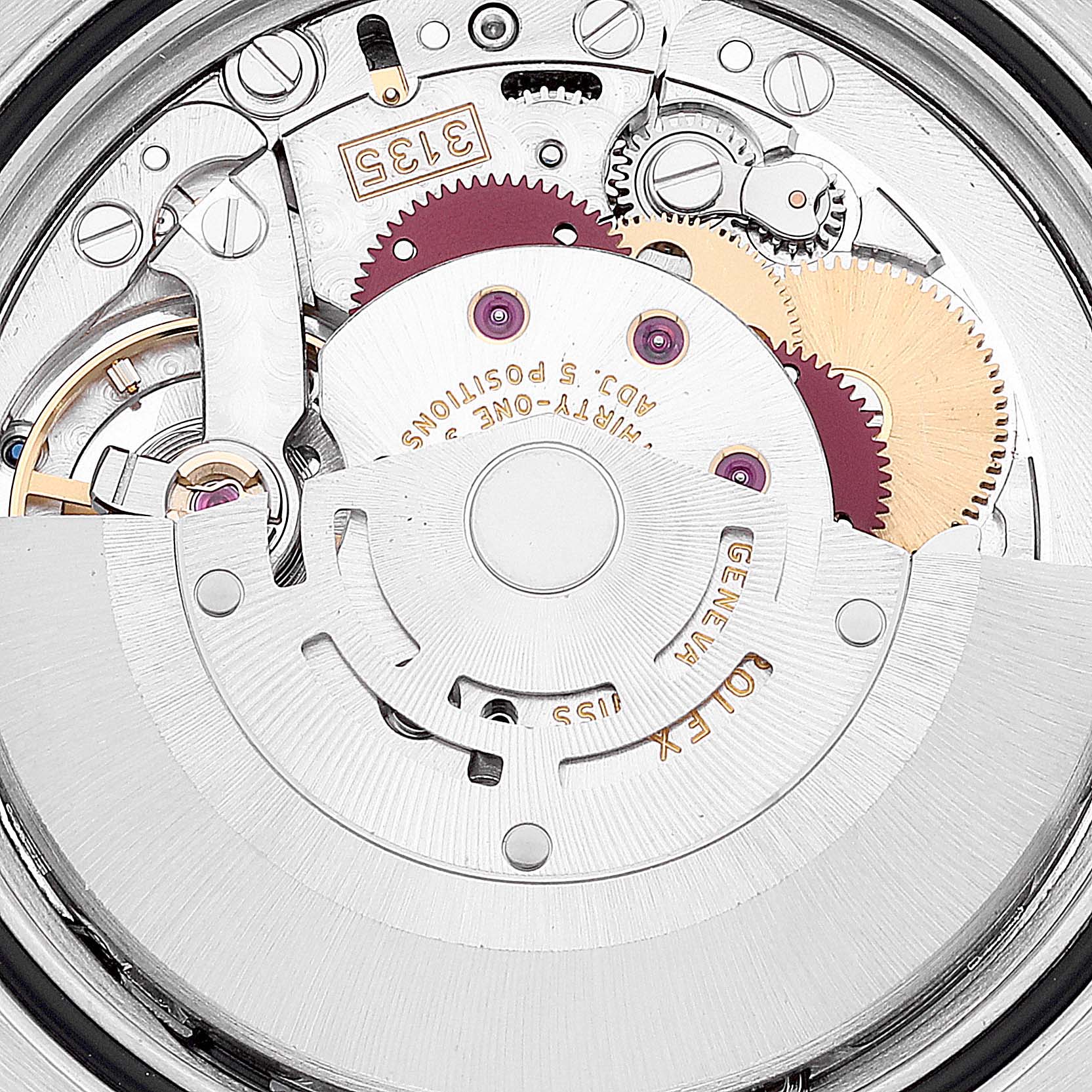 The image shows the intricate movement mechanism from the back of a Rolex Turn-o-Graph 116263 Men's Steel and Gold (two tone) White Dial 116263 Men's Steel and Gold (two tone) White Dial watch.