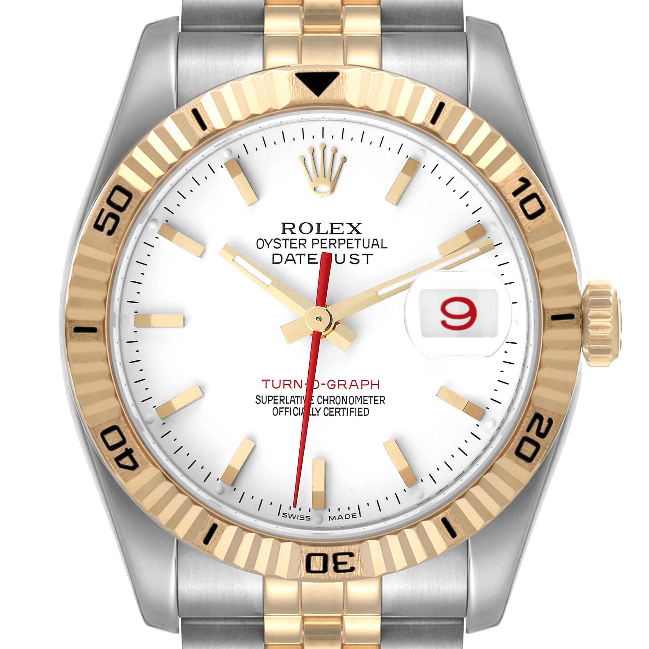 The image shows a front view of the Rolex Turn-o-Graph 116263 Men's Steel and Gold (two tone) White Dial 116263 Men's Steel and Gold (two tone) White Dial watch, including the dial, bezel, and part of the bracelet.