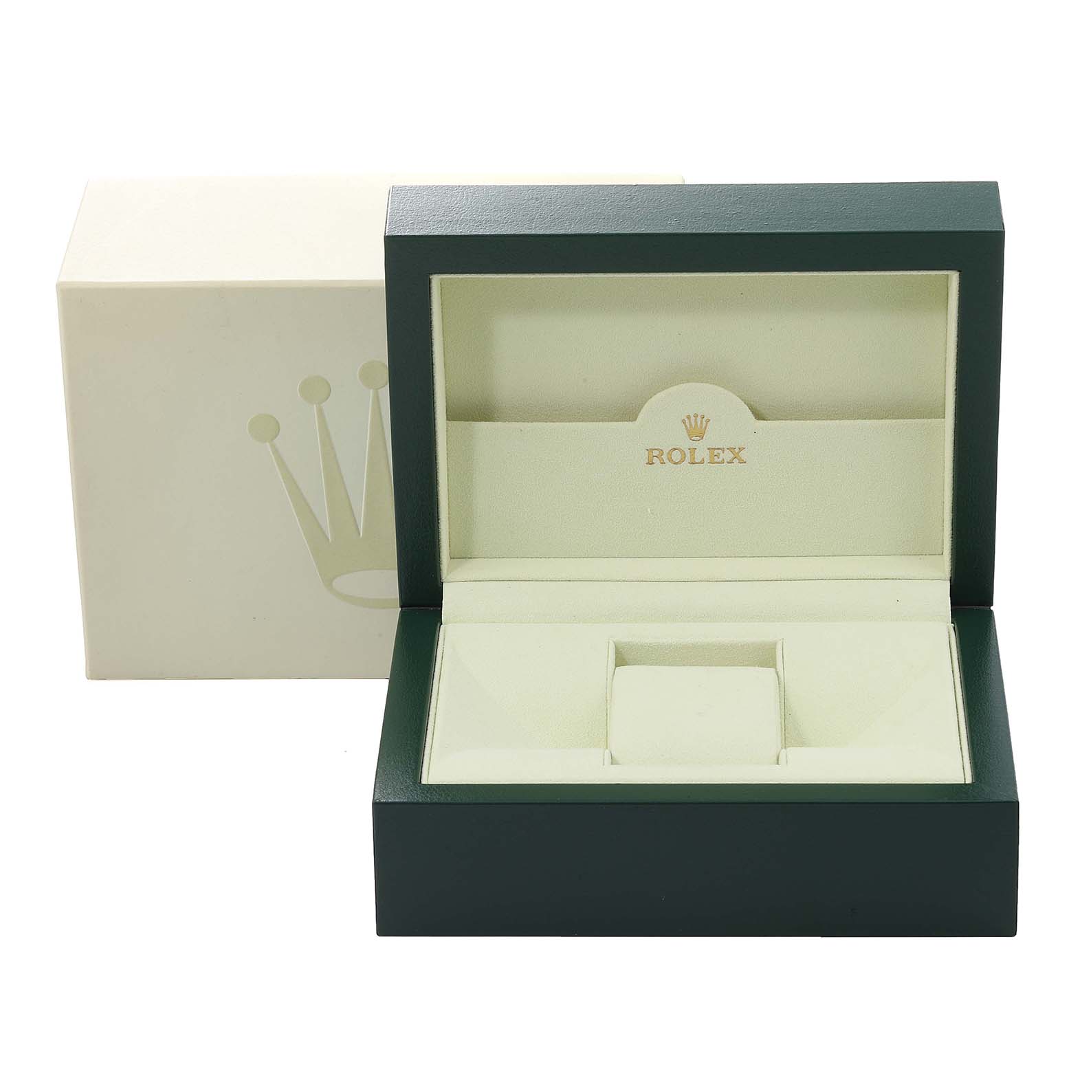 The image shows an open Rolex Turn-o-Graph 116263 Men's Steel and Gold (two tone) White Dial 116263 Men's Steel and Gold (two tone) White Dial watch box with a cream interior and a green exterior.