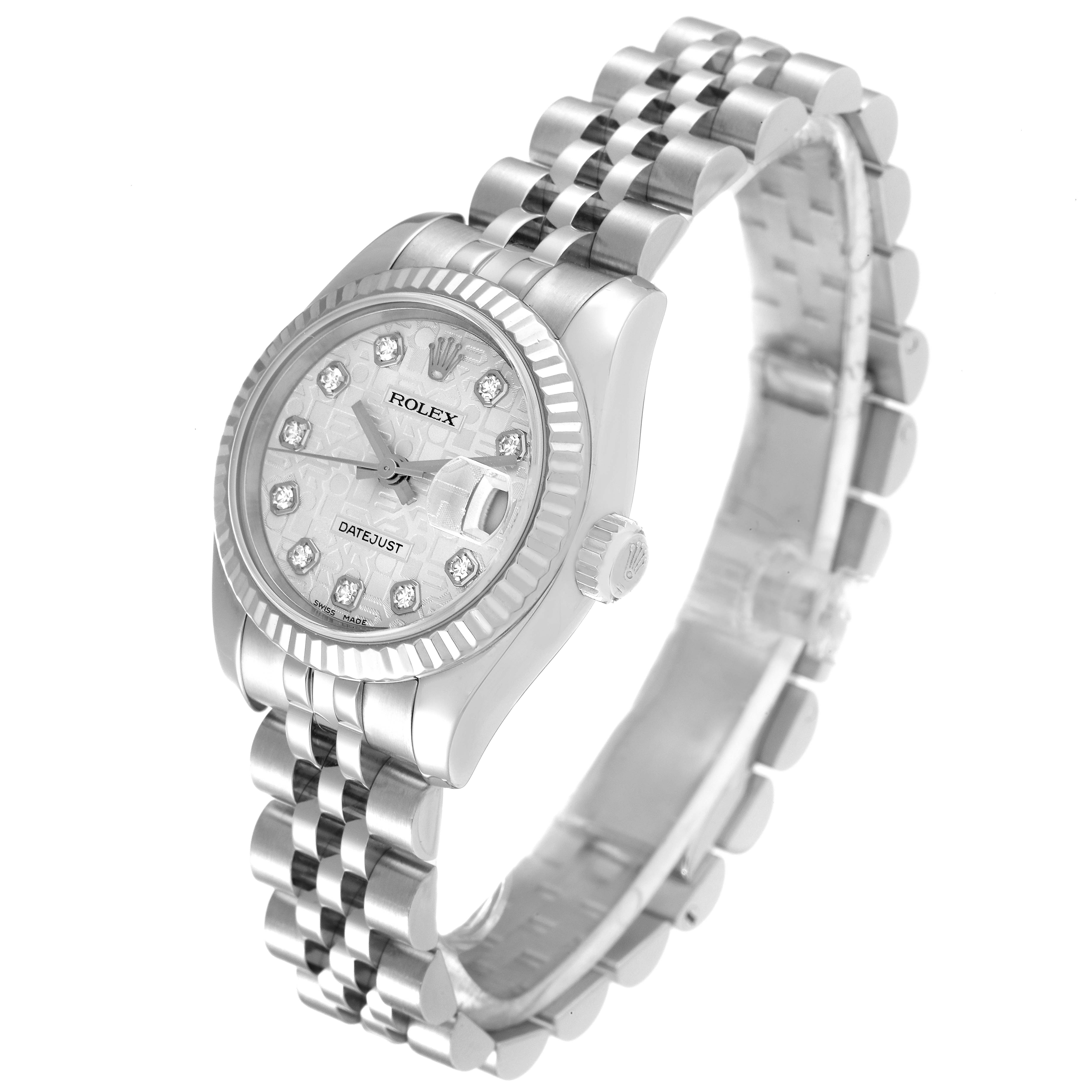The Rolex Datejust 179174 Women's Stainless Steel Silver Dial 179174 Women's Stainless Steel Silver Dial watch is shown from an angled side view, highlighting the face, bracelet, and crown.